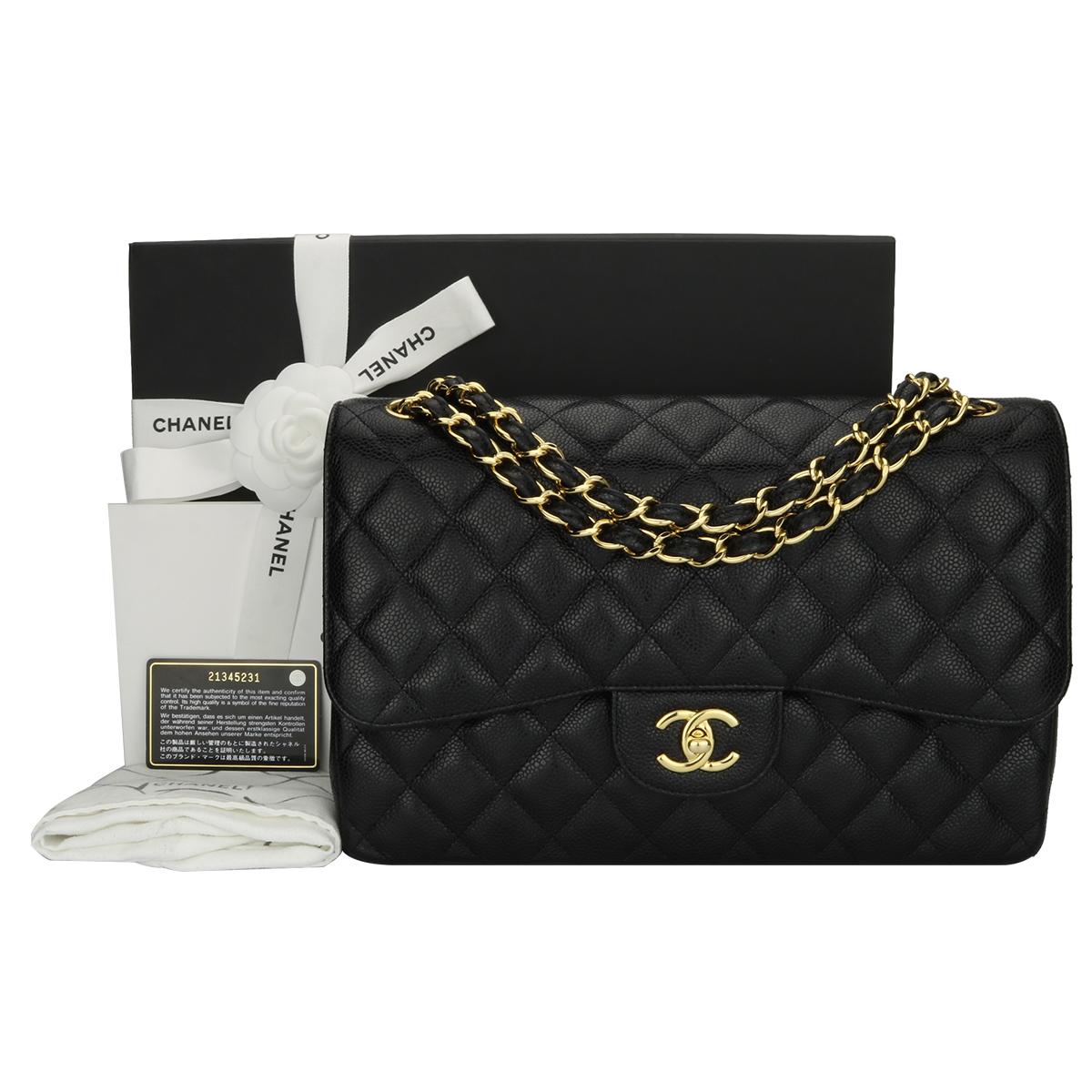 Authentic CHANEL Classic Jumbo Double Flap Black Caviar with Gold Hardware 2016.

This stunning bag is in a mint condition, the bag still holds its original shape, and the hardware is still very shiny. Leather smells fresh as if new.

Exterior