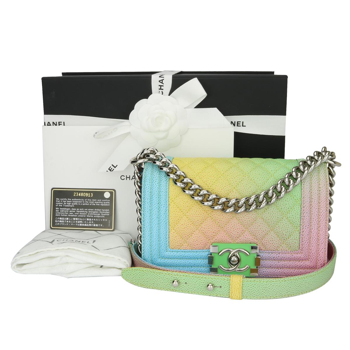 Authentic CHANEL Small Boy Rainbow Cuba Caviar with Shiny Silver Hardware 2017.

This stunning bag is still in a mint condition, the bag still holds its original shape and the hardware is still very clean and shiny.

Exterior Condition: Mint