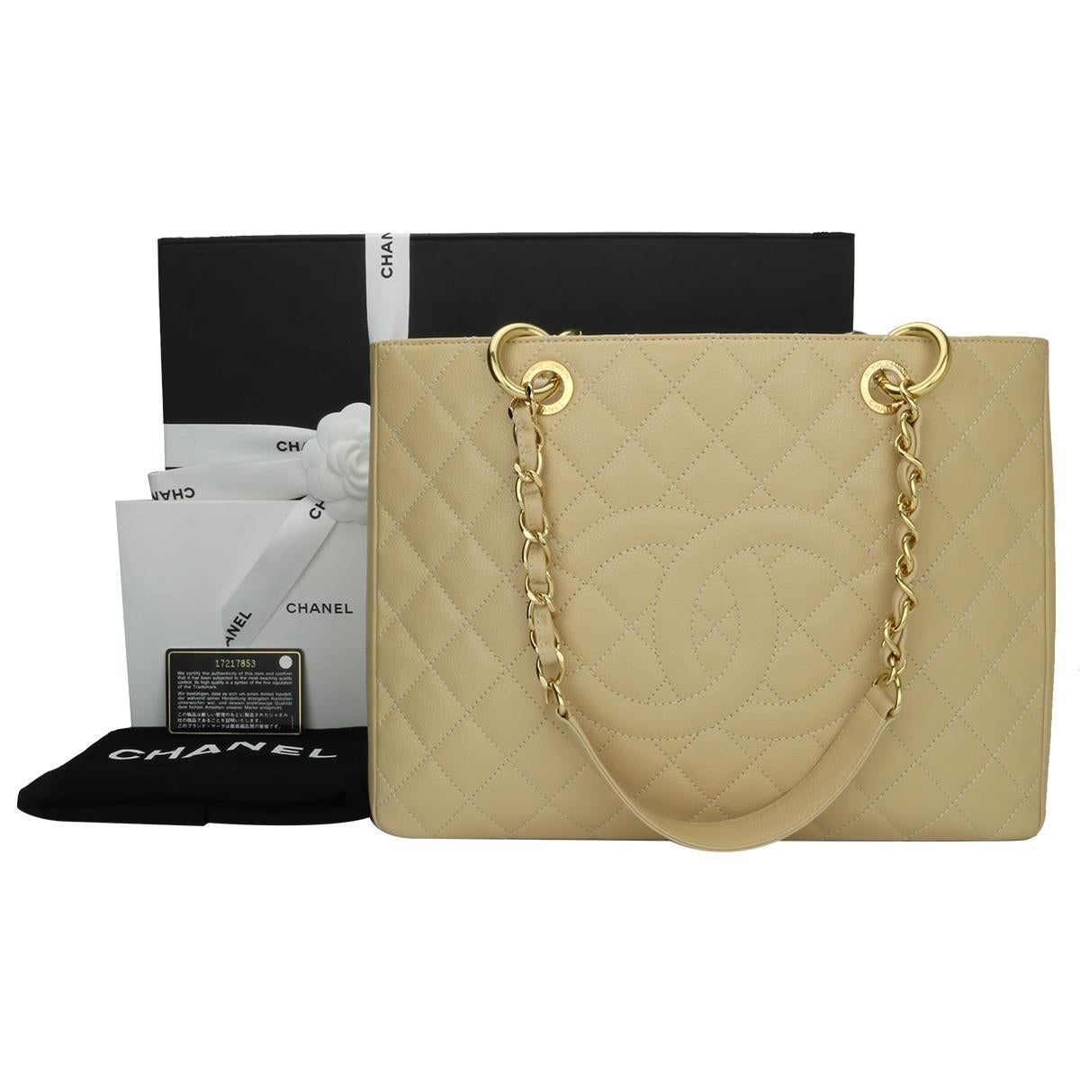 Authentic CHANEL Grand Shopping Tote (GST) Beige Clair Caviar with Gold Hardware 2013.

This bag is in mint condition, the bag still holds its original shape, and the hardware is still shiny.

Exterior Condition: Mint condition, left front corner