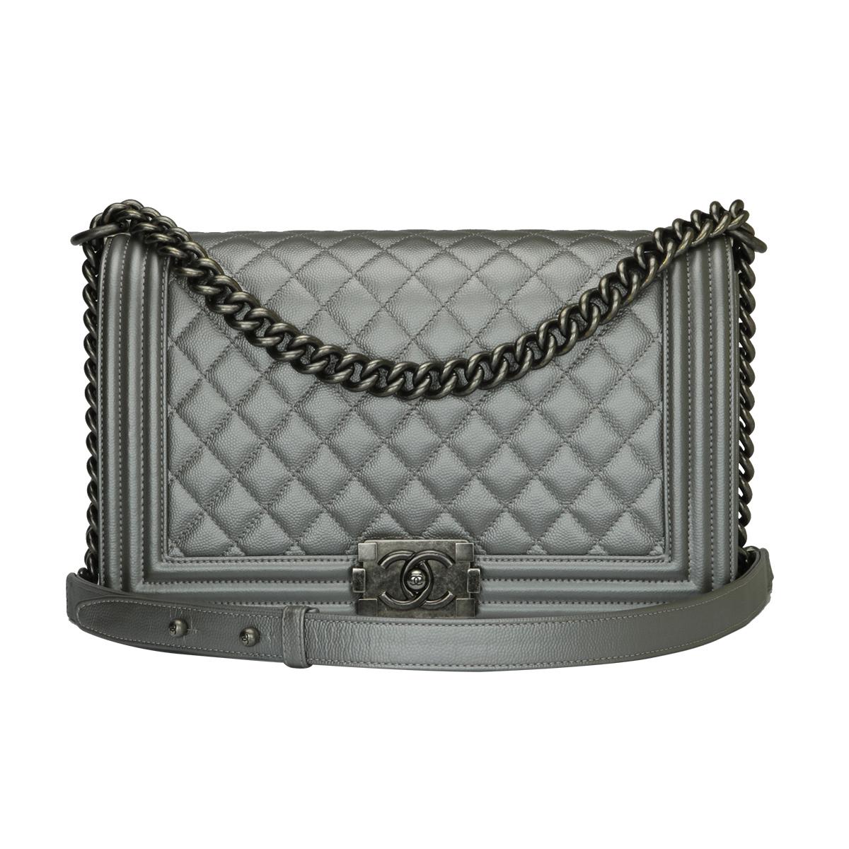 CHANEL New Medium Quilted Boy Silver Grey Caviar with Ruthenium Hardware 2018