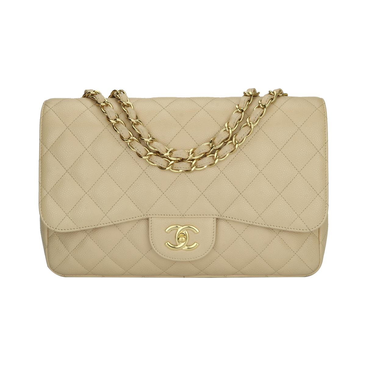 CHANEL Classic Single Flap Jumbo Beige Clair Caviar with Gold Hardware 2009