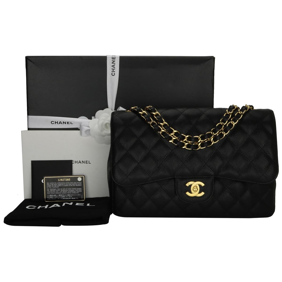 Authentic CHANEL Classic Single Flap Jumbo Black Caviar with Gold Hardware 2008.

This stunning bag is in mint condition, the bag still holds its original shape and the hardware is still very shiny.

Exterior Condition: Mint condition, corners show