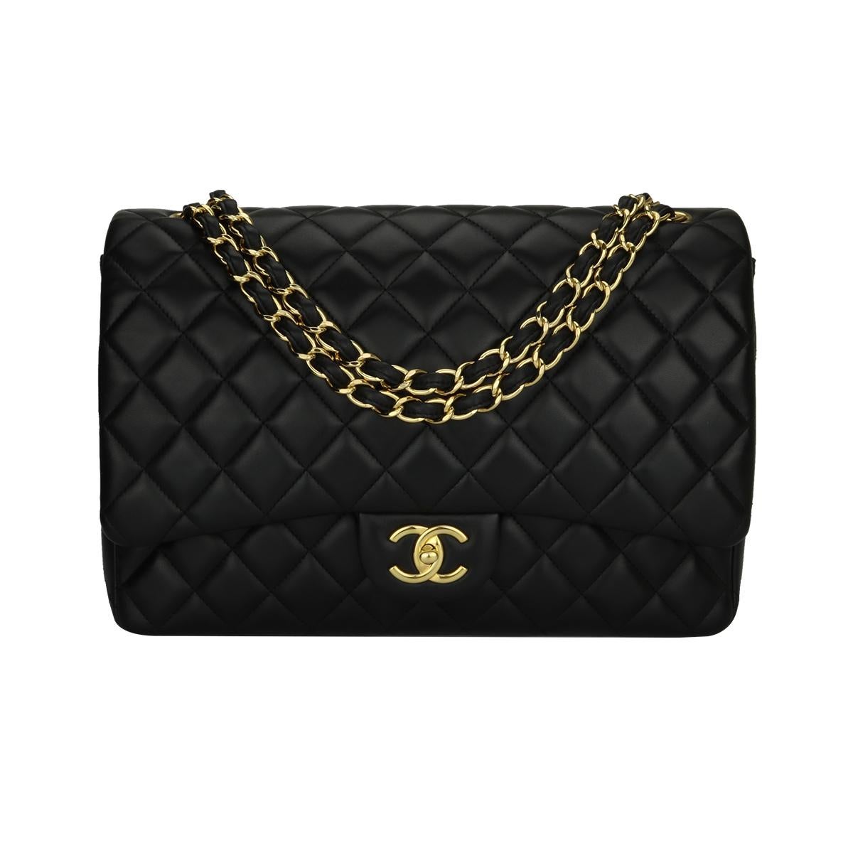 CHANEL Black Lambskin Maxi Double Flap with Gold Hardware 2012
