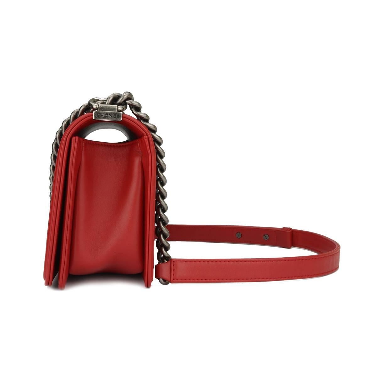 Chanel Old Medium Boy Red Calfskin with Ruthenium Hardware 2015 In Excellent Condition In Huddersfield, GB