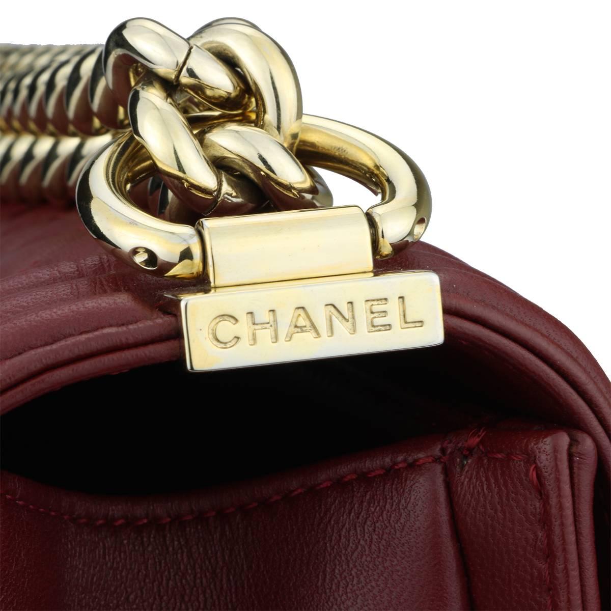 CHANEL Old Medium Quilted Boy Burgundy Lambskin with Shiny Gold Hardware 2015 In Excellent Condition In Huddersfield, GB