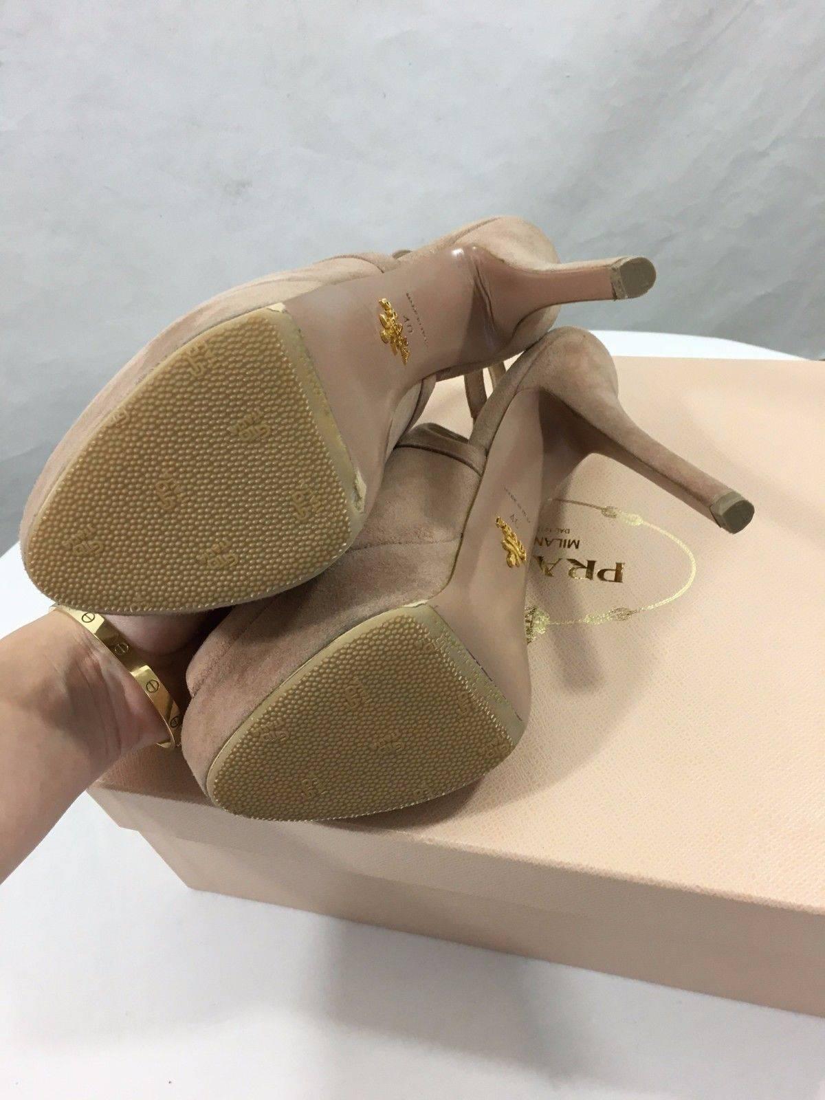 Item - Prada Platform Stiletto High Heel in Suede Beige

Condition - NEW!  New Worn.

Original Retail Price - $895 + tax

SKU - 807

Size - Euro 40 or US 9 to 9.5

Material - Suede

Heel - 5

Comes with - Original Box and Extra Heel Taps

Additional