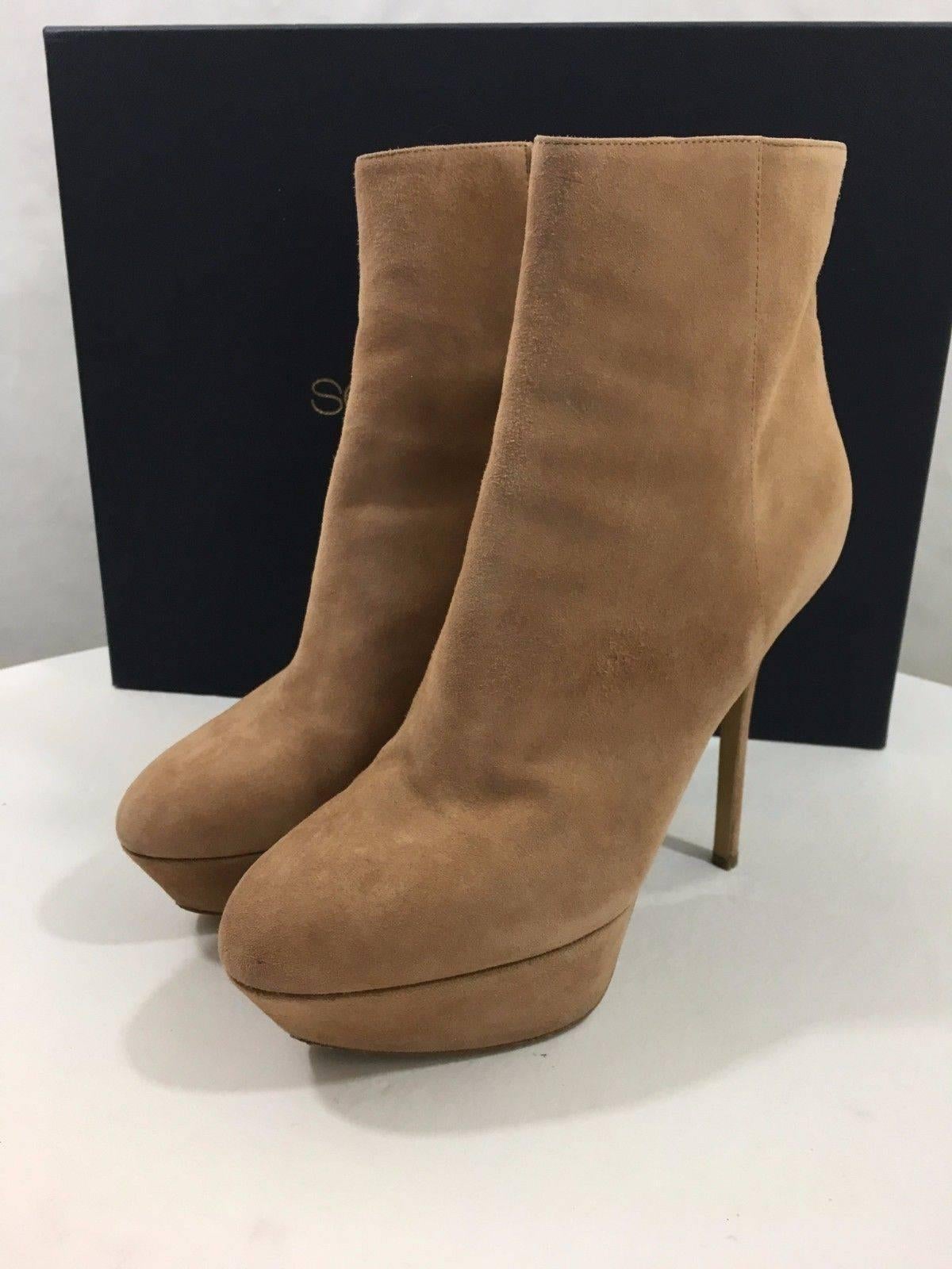 Brown Sergio Rossi Nude Suede Stiletto Ankle Platform Boots  For Sale