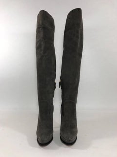 Prada Slouch Over the Knee Grey Suede High Heel Platform Boots