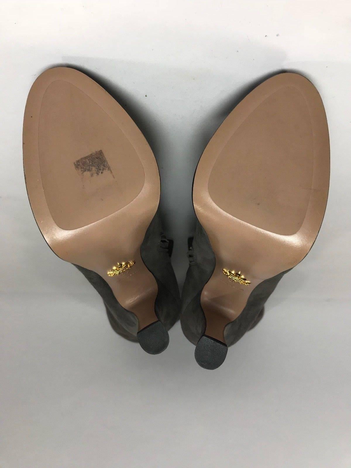 Black Prada Slouch Over the Knee Grey Suede High Heel Platform Boots  For Sale