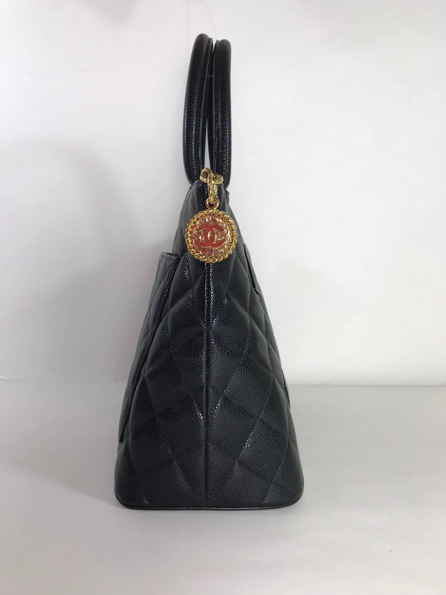 Chanel Caviar Leather Medallion with Gold Hardware in Black Shoulder Bag In Excellent Condition In Saint Charles, IL