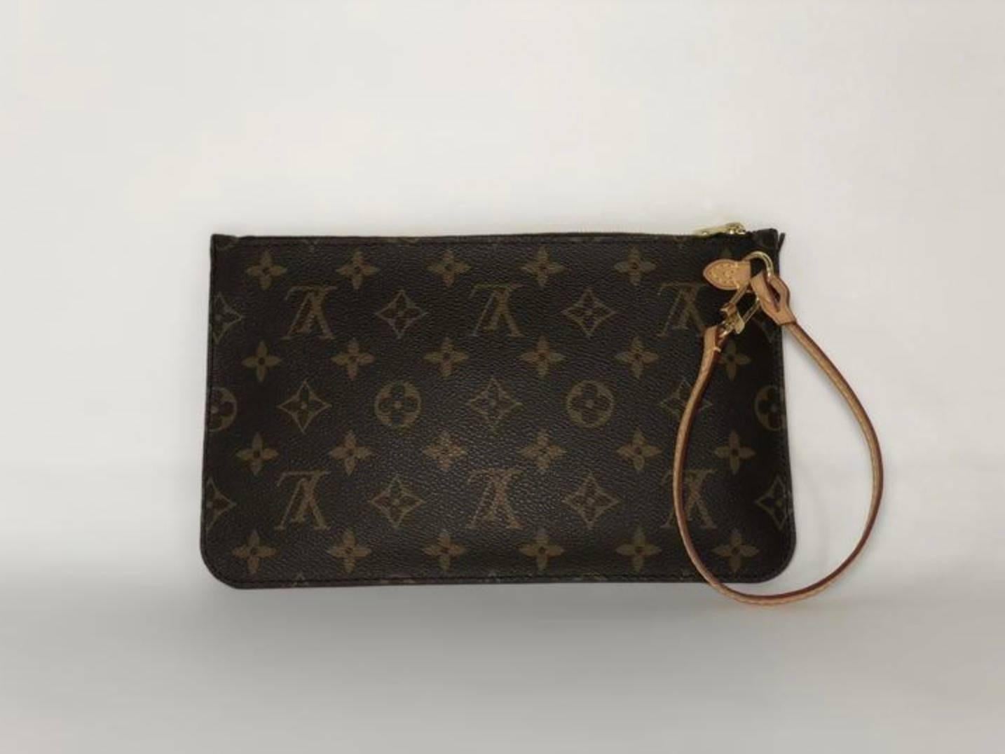 Women's or Men's Louis Vuitton Monogram Neverfull MM/GM Pouch ONLY with Fuschia Interior Wristlet