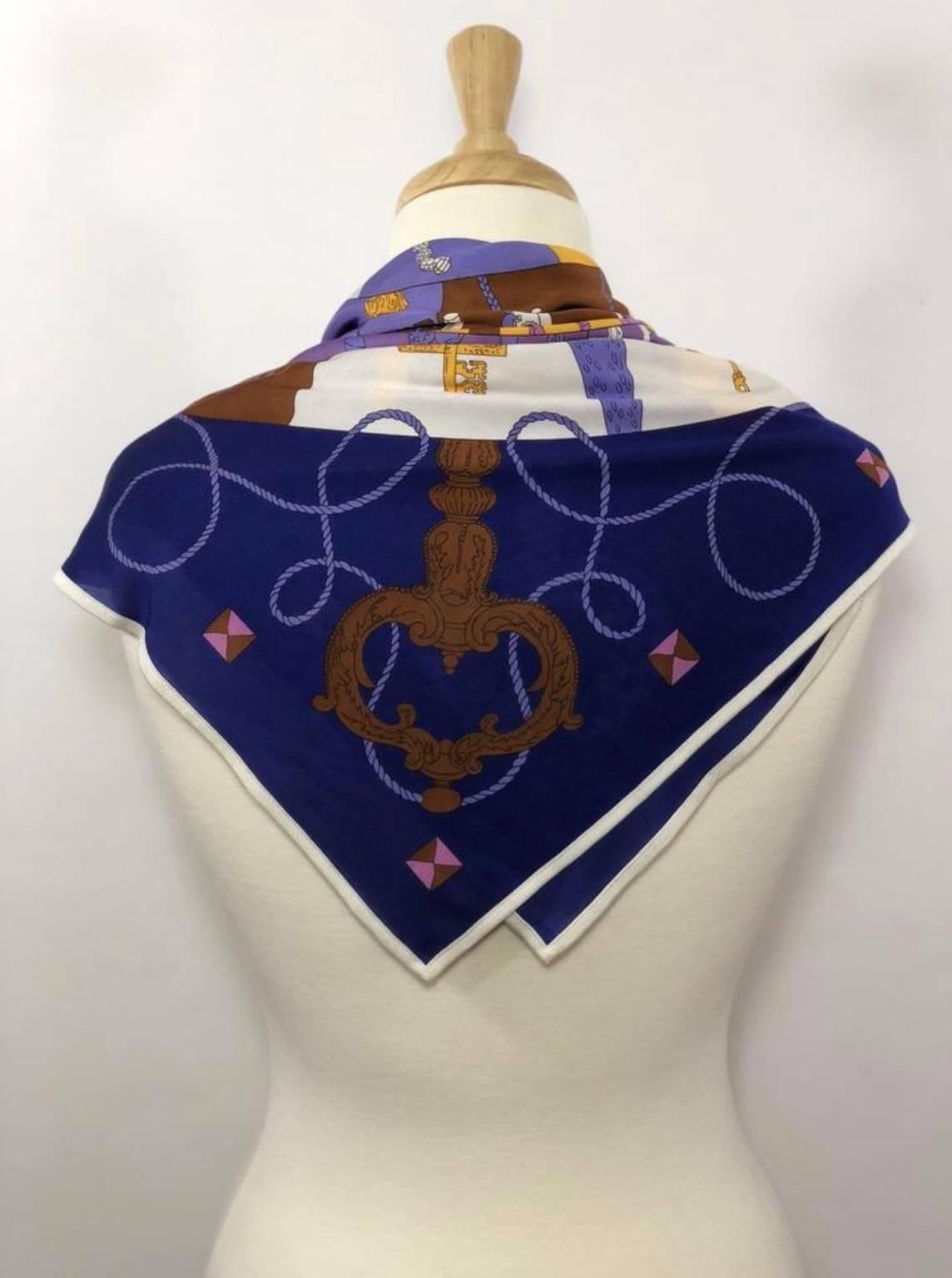 Black Hermes 100% Silk Jersey Knit Scarf Tours De Cles in Purple For Sale