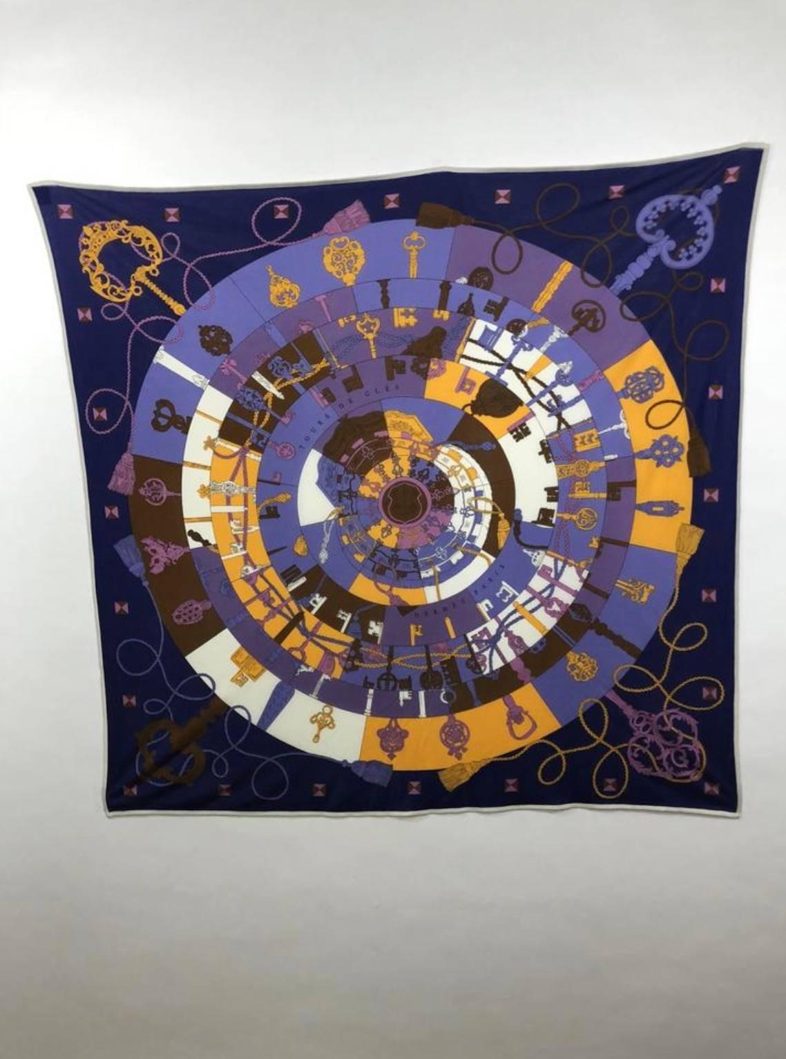 Hermes 100% Silk Jersey Knit Scarf Tours De Cles in Purple In New Condition For Sale In Saint Charles, IL