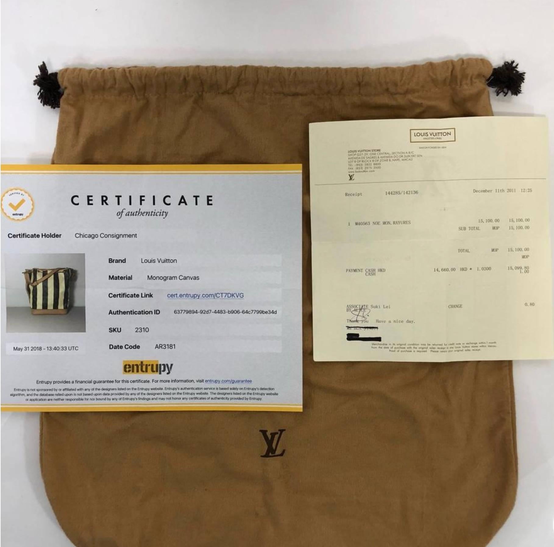 MODEL - Louis Vuitton Limited Edition Monogram Rayures Noe GM

CONDITION - Very Good. Clean and light vachette. No rips, holes, tears, stains or odors. Very light water marks. Piece maintains original shape without creases or cracks.

SKU -