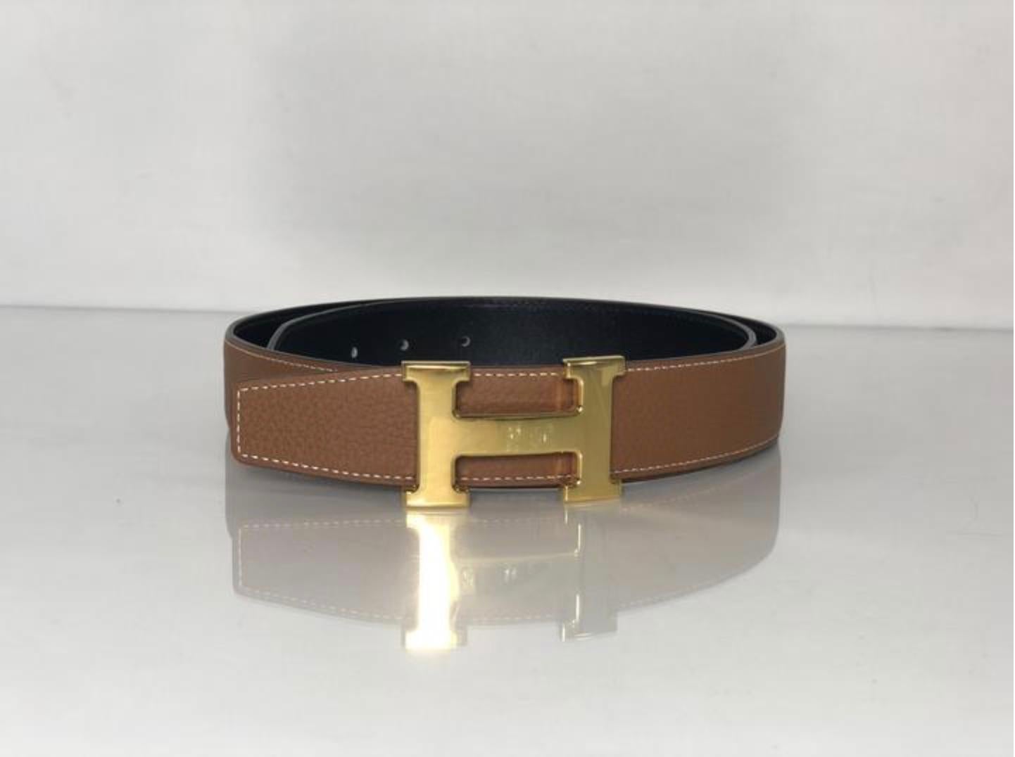 Women's or Men's Hermes Reversible Black and Brown H Belt with Polished Gold H Buckle 85cm
