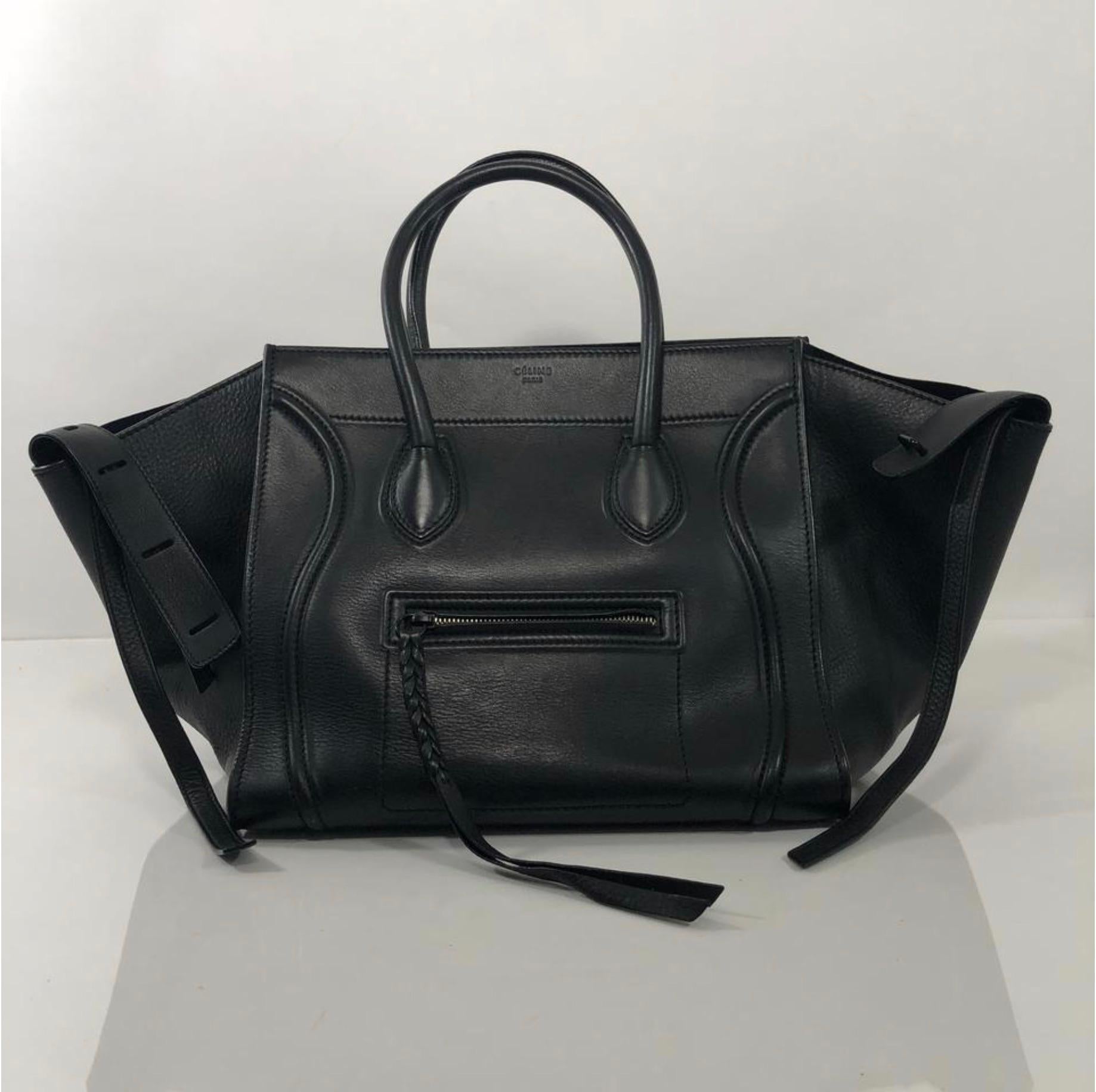 Celine Leather Phantom Medium Black Satchel Tote Handbag In Excellent Condition In Saint Charles, IL