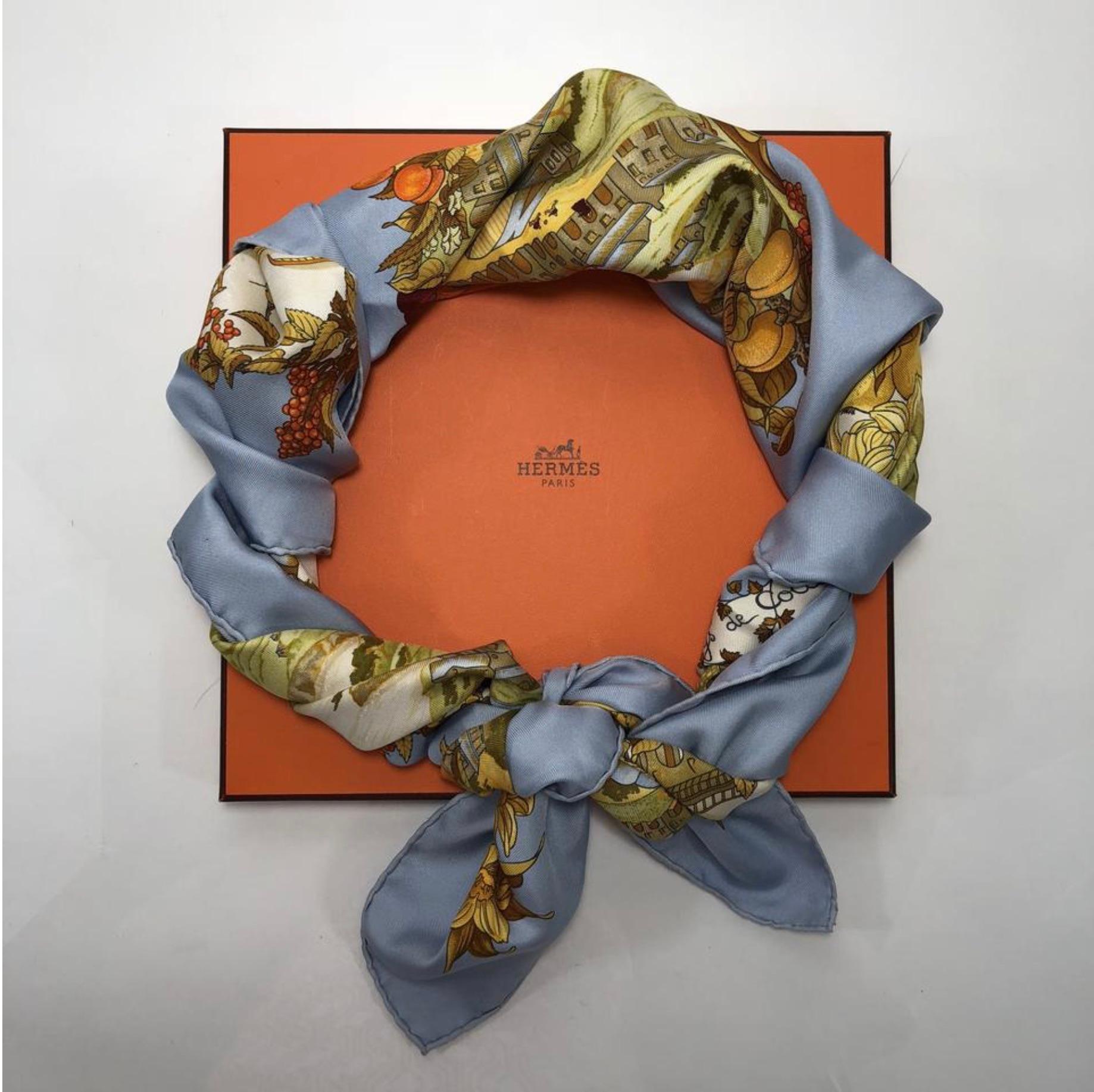 MODEL - Hermes Scarf Au Pays De Cocagne Silk in Light Blue

CONDITION - Very Good. A couple of very light spots.

SKU - 2770

DATE/SERIAL CODE - NA

ORIGIN - France

PRODUCTION - NA

DIMENSIONS - L35 x H35 x D.05

STRAP/HANDLE DROP - NA

MATERIAL -