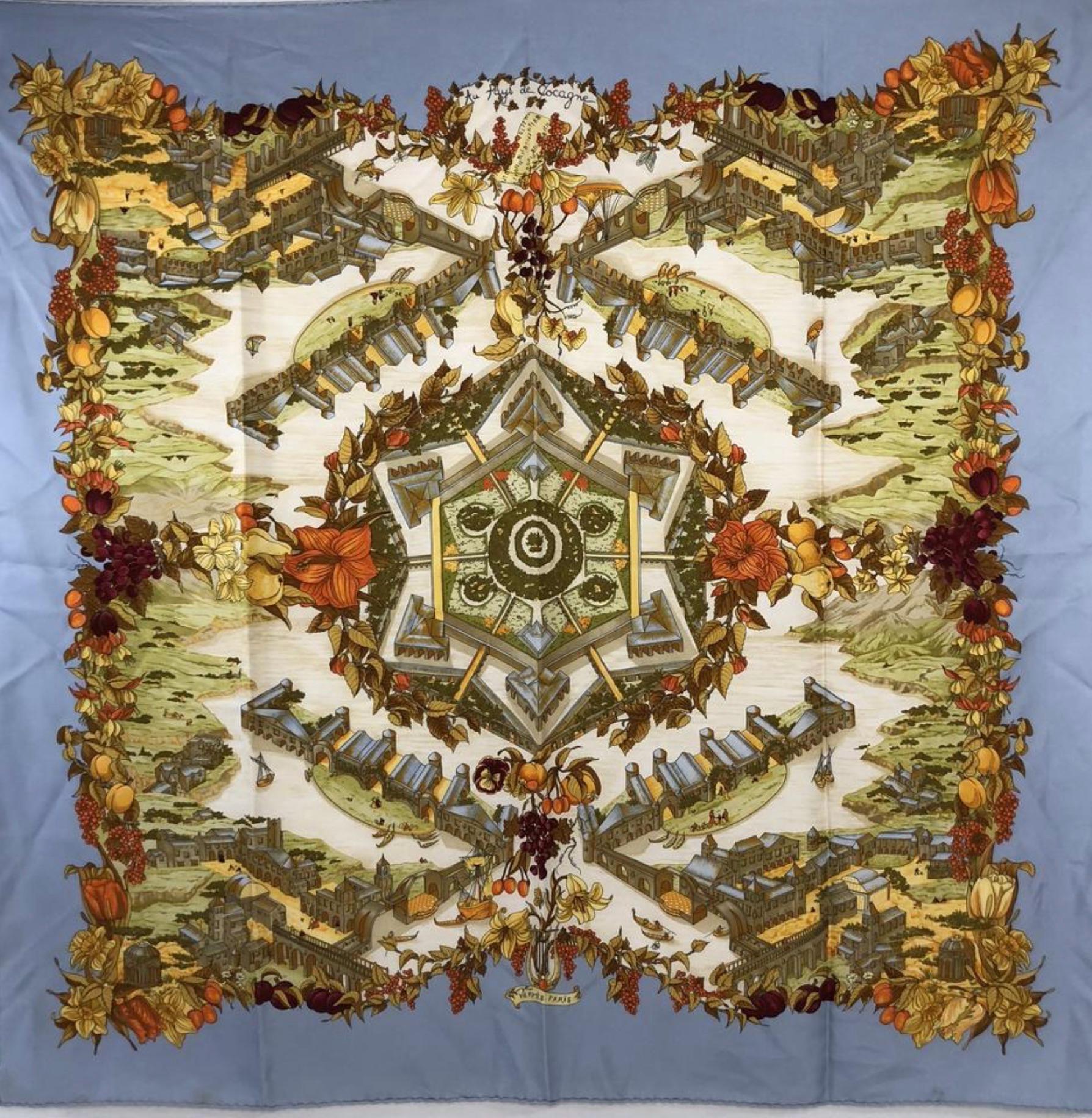 Hermes Scarf Au Pays De Cocagne Silk in Light Blue In Good Condition In Saint Charles, IL
