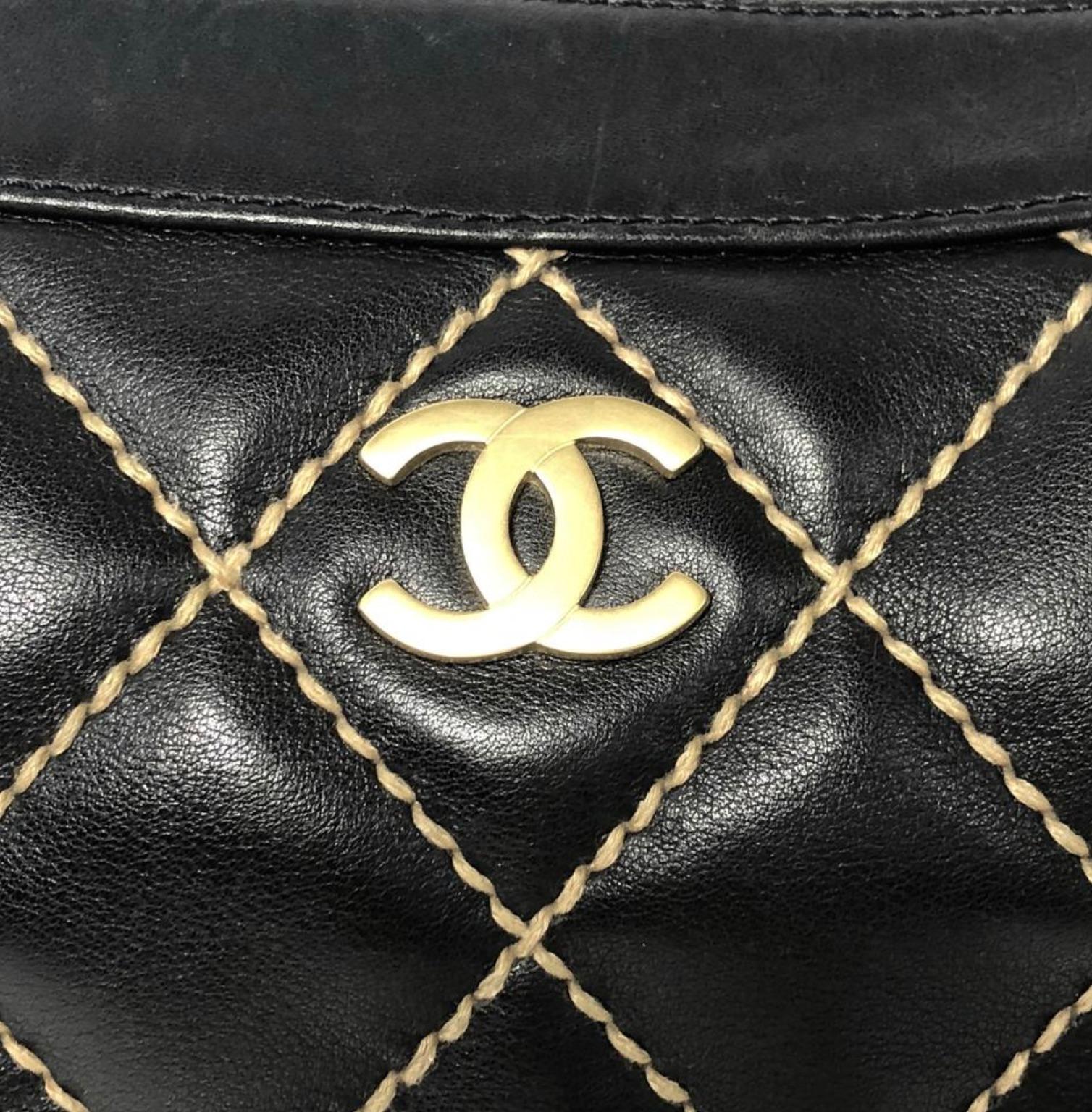 Women's or Men's Chanel Lambskin Leather Wild Stitch Large Shoulder with Gold Hardware in Black For Sale