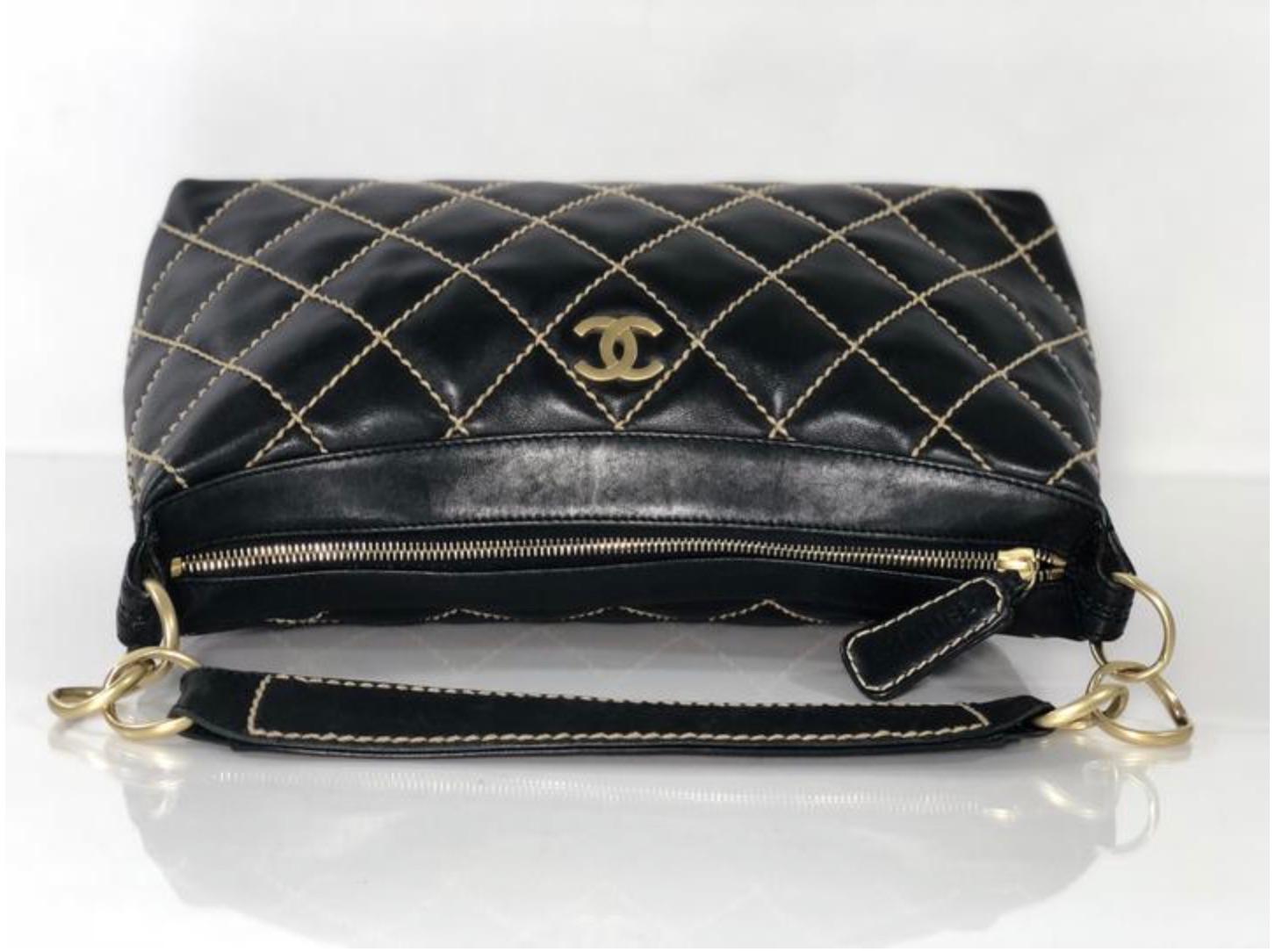 Chanel Lambskin Leather Wild Stitch Large Shoulder with Gold Hardware in Black In Good Condition For Sale In Saint Charles, IL