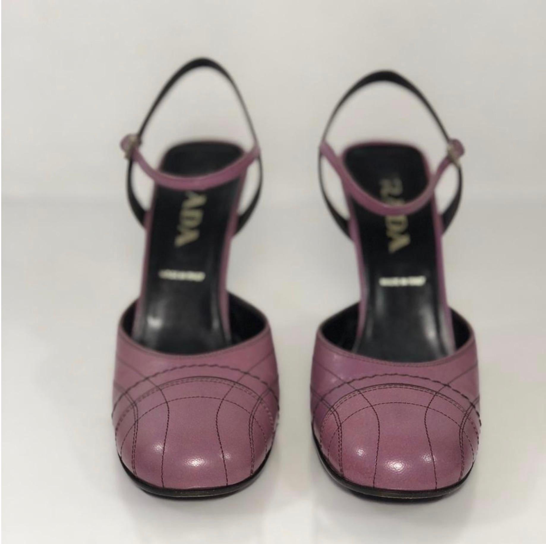 Black  Prada Capretto Fume Petalo Decorative Stitch Mary Jane Pump Chunky Flair Heel For Sale