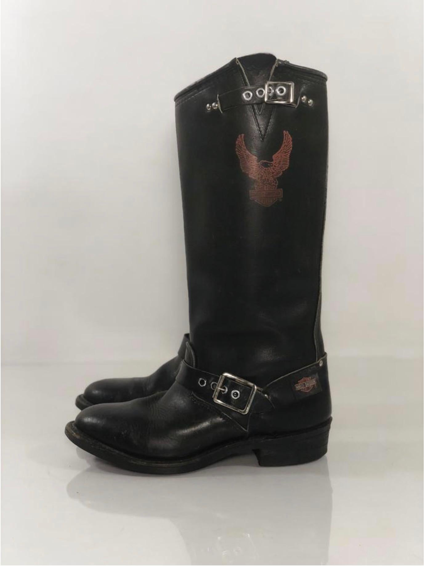  Harley Davidson Black Leather Tall Biker Buckle Boots In Good Condition For Sale In Saint Charles, IL