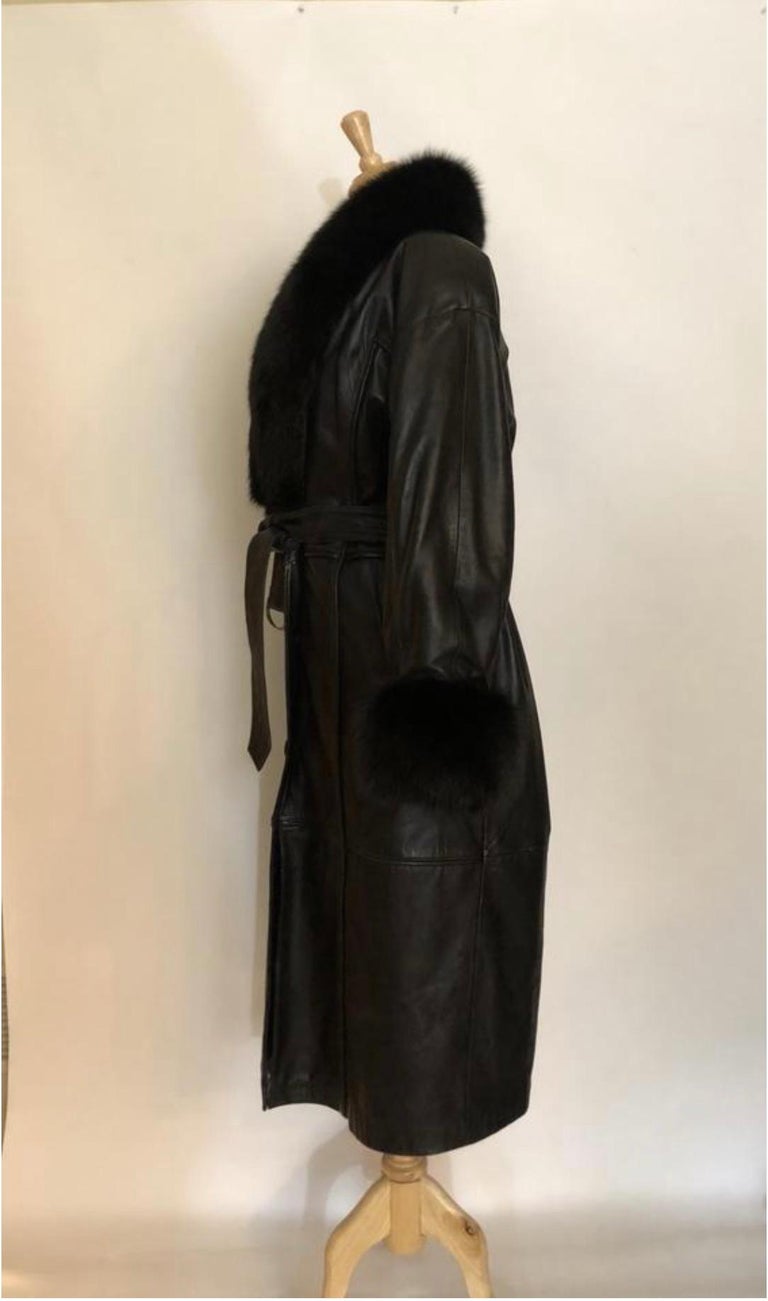 Adolfo Black Leather and Fox Long Winter Coat with Belt For Sale at 1stDibs