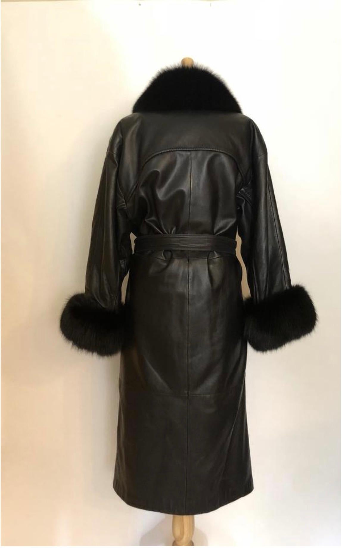  Adolfo Black Leather and Fox Long Winter Coat with Belt In Excellent Condition For Sale In Saint Charles, IL