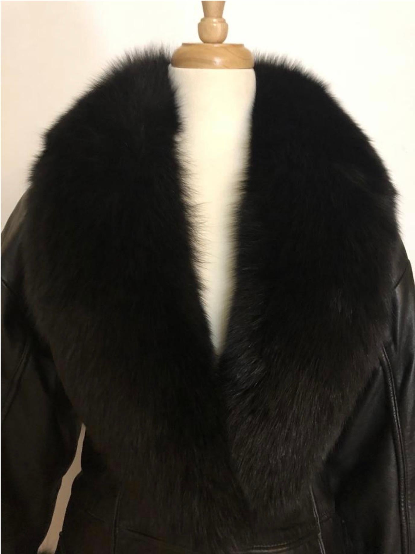  Adolfo Black Leather and Fox Long Winter Coat with Belt For Sale 2
