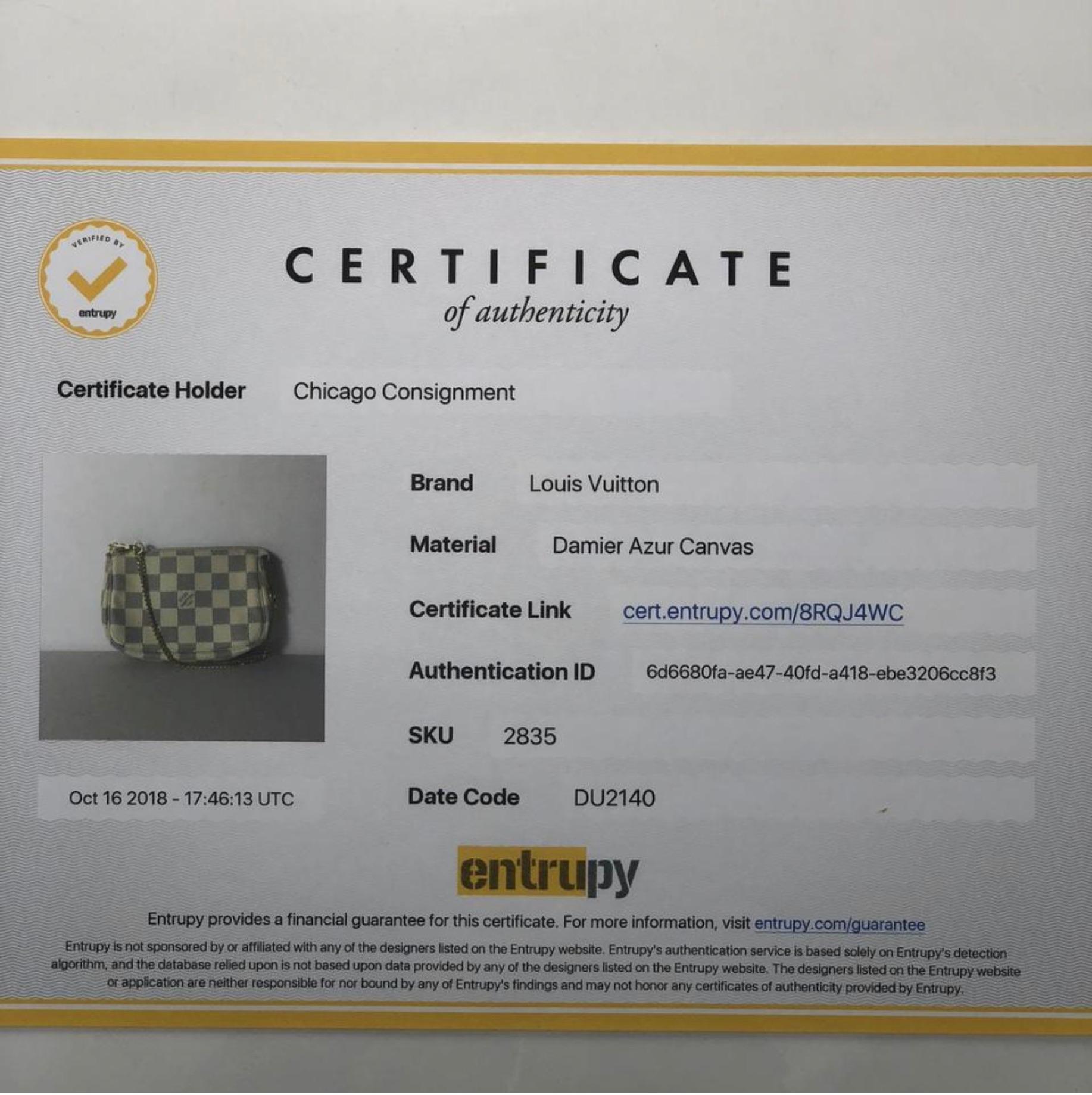 MODEL - Louis Vuitton Damier Azur Pochette Accessories Mini Wristlet Handbag

CONDITION - Exceptional! Light vachette, no watermarks, no handle darkening, no dryness. Bright and shiny hardware with no tarnishing. No rips, holes, tears, stains or