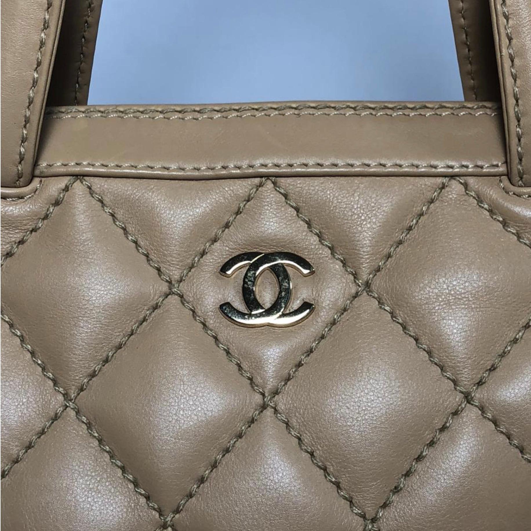 Brown Chanel Lambskin Leather Wild Stitch Large Shoulder with Gold Hardware in Beige For Sale