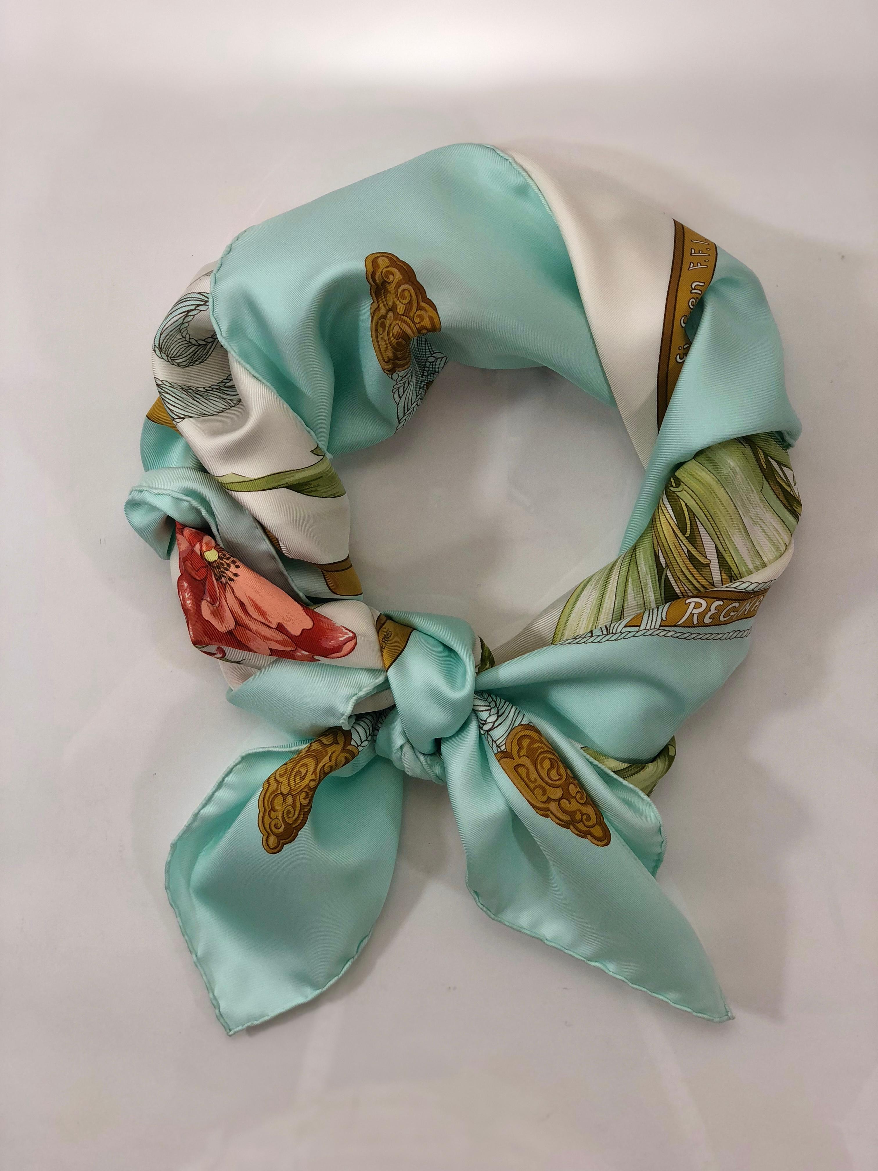 MODEL - Hermes Scarf Regina Silk in Light Blue

CONDITION - Exceptional! No visibile signs of wear.

SKU - 2772

DATE/SERIAL CODE - NA

ORIGIN - France

PRODUCTION - NA

DIMENSIONS - L35 x H35 x D.05

STRAP/HANDLE DROP - NA

MATERIAL - #N/A

COMES