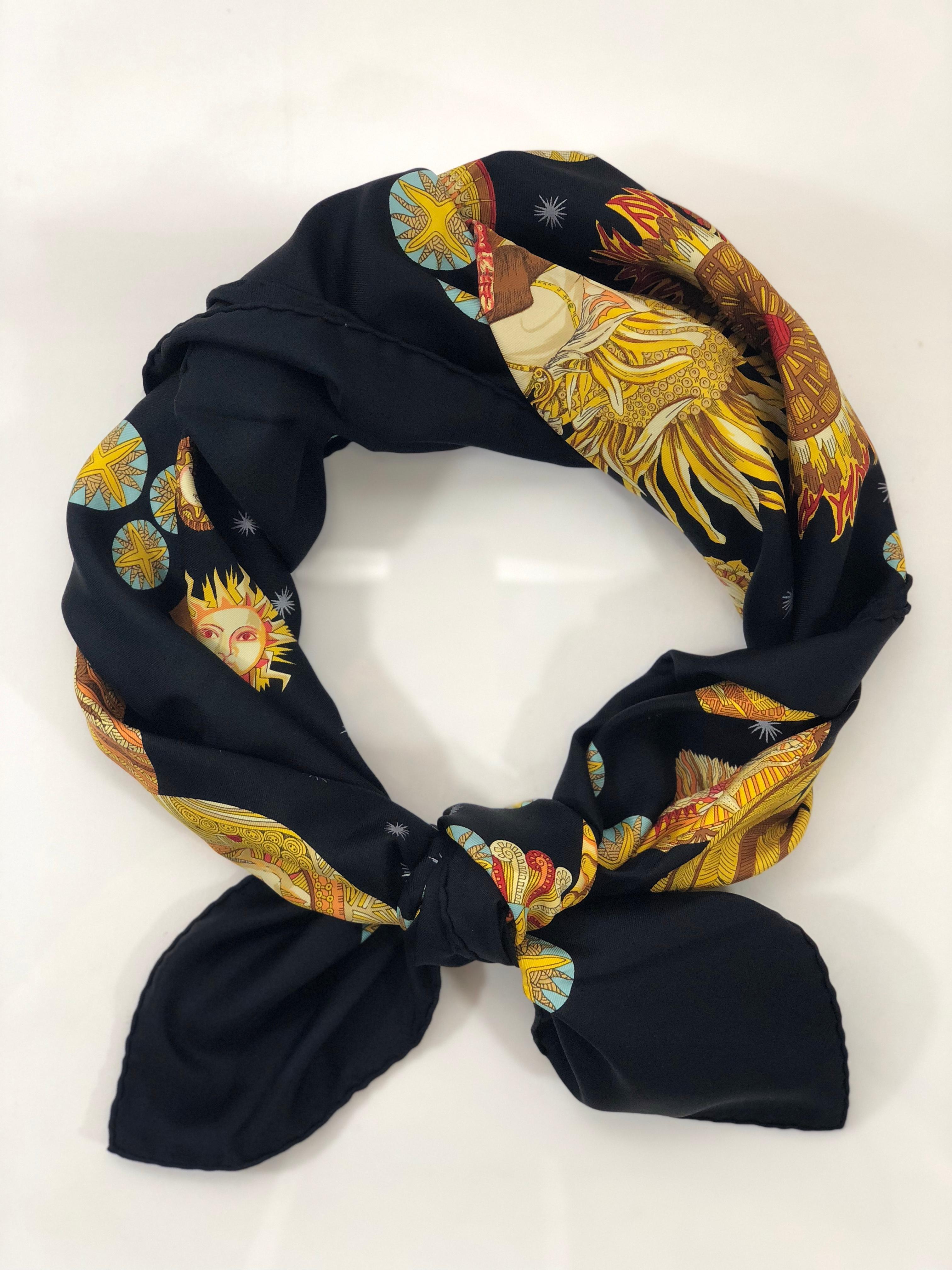 MODEL - Hermes Scarf Le Roy Soleil Silk in Black

CONDITION - Exceptional! No visible signs of wear.

SKU - 2771

DATE/SERIAL CODE - NA

ORIGIN - France

PRODUCTION - NA

DIMENSIONS - L35 x H35 x D.05

STRAP/HANDLE DROP - NA

MATERIAL - 100%
