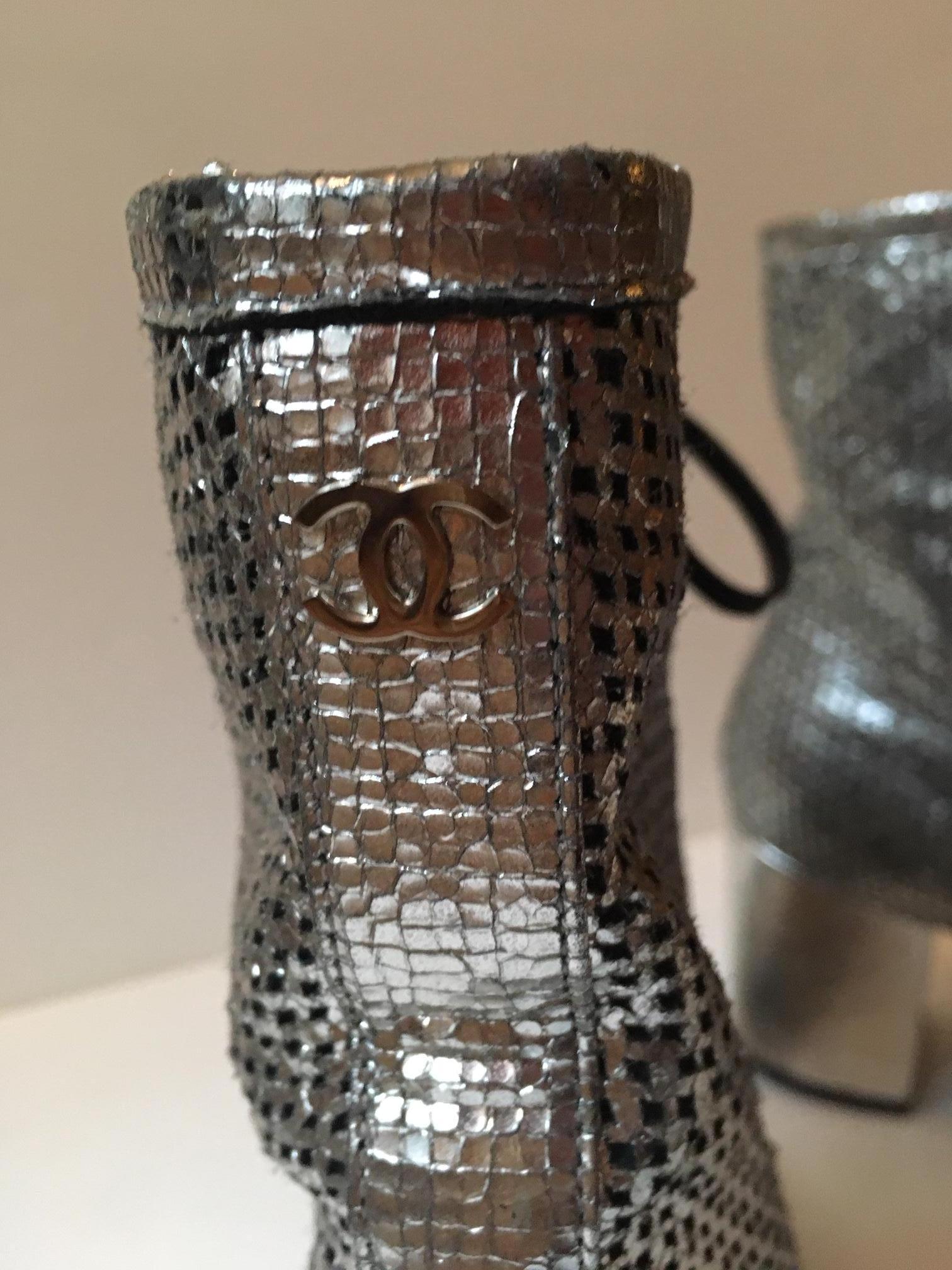 Chanel Silver net Leather laced  Boots  In Excellent Condition In Paris, FR