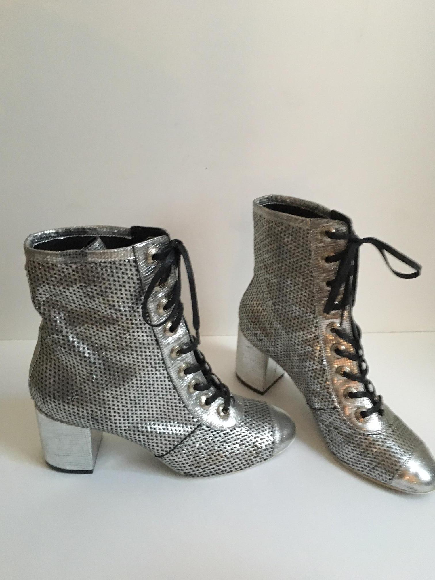 Chanel Silver net Leather laced  Boots  2