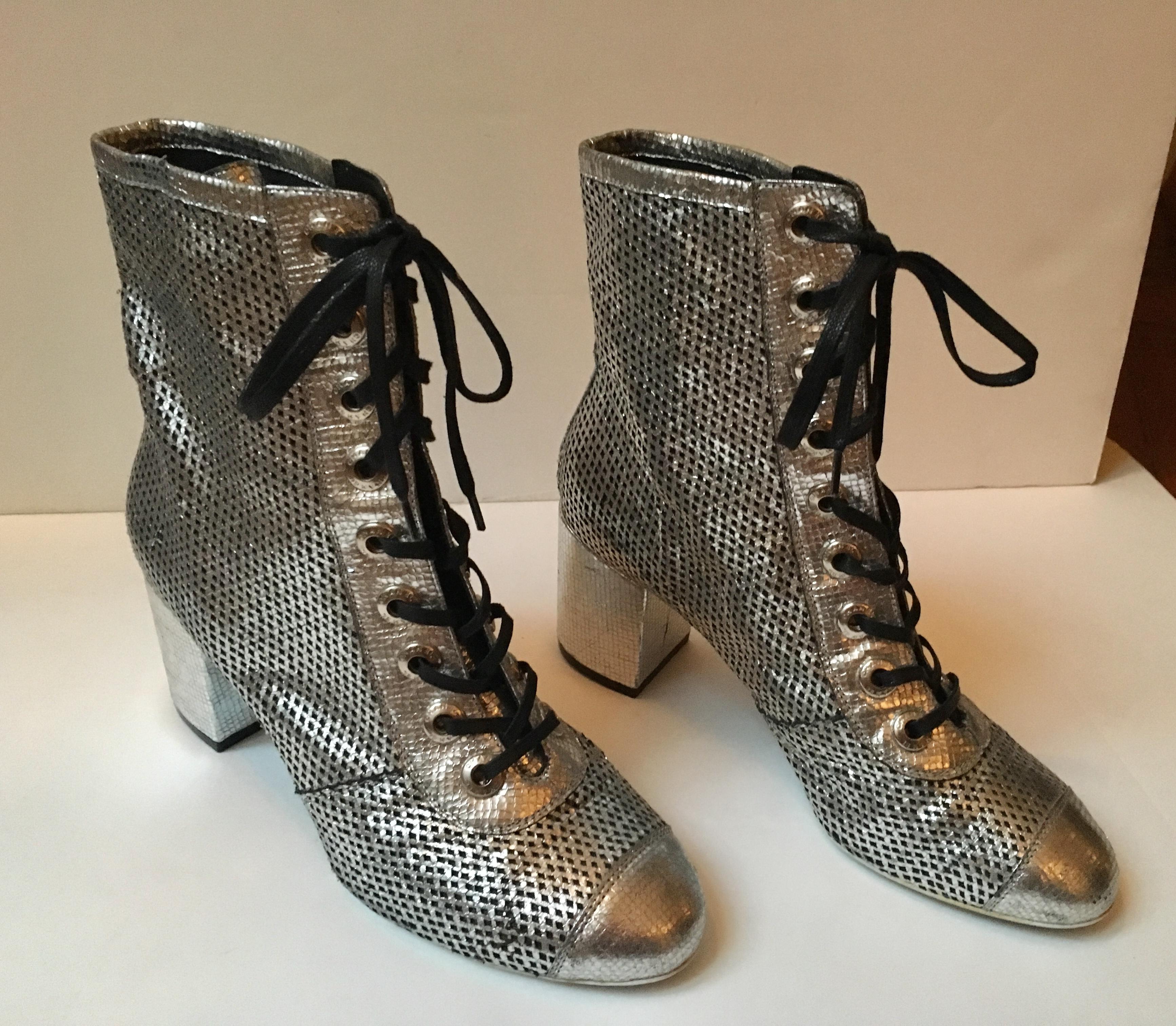 Chanel Silver net Leather laced  Boots  1