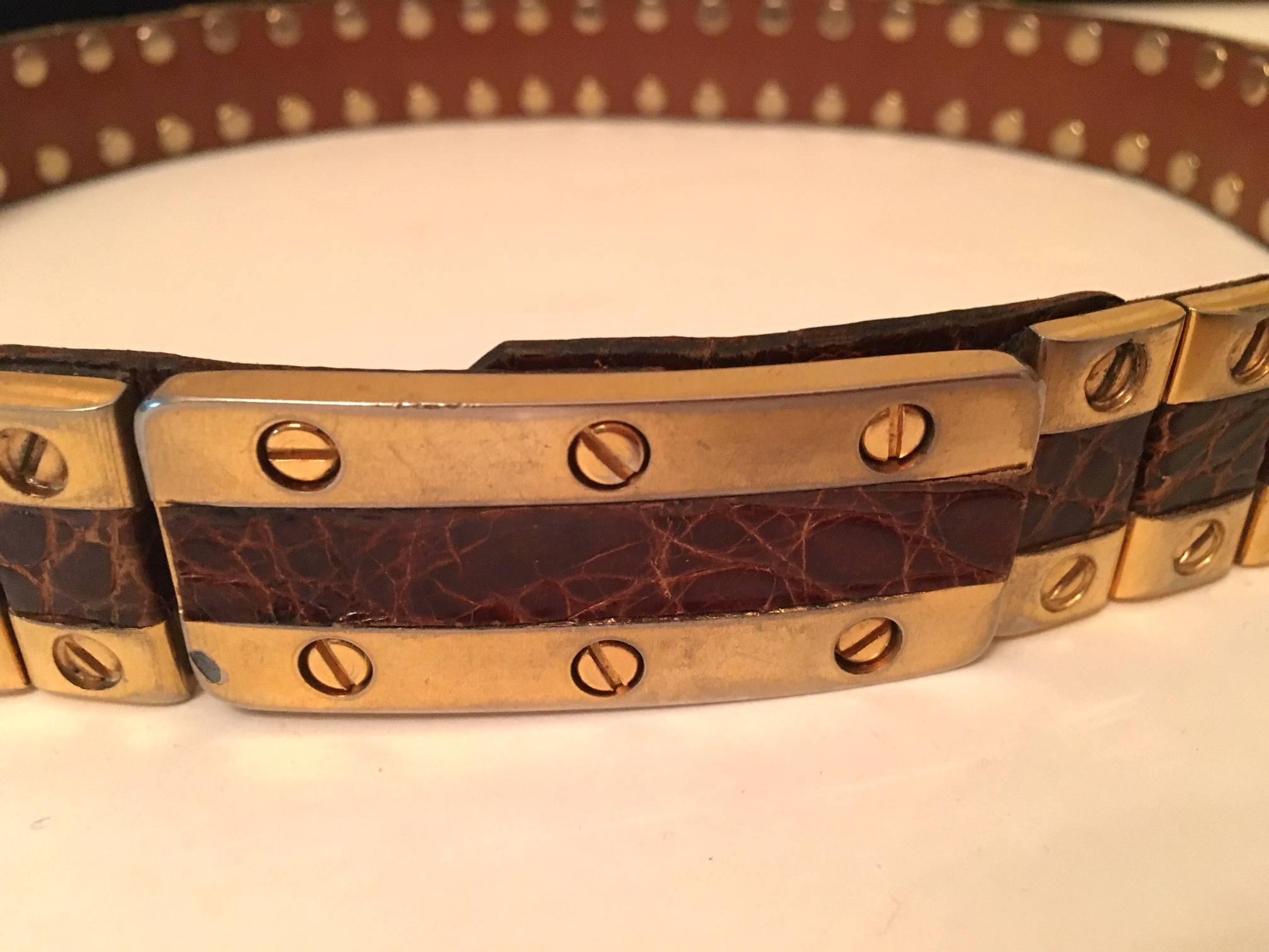 Important vintage leather and gold plated metal  Belt .Manner of Gucci.
High Quality hand work.
please ask for more details and the leather
The belt is adjustable.
maximum total lenght 75 cm = 29 and 1/2 inches. 
circa 1970