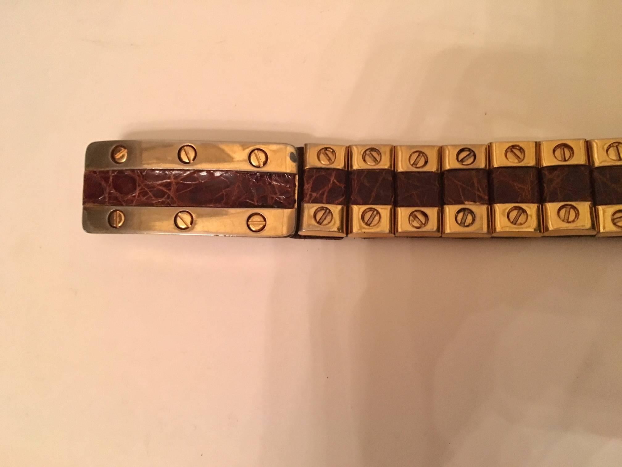 Brown Important vintage leather and gold plated metal  Belt Gucci Style For Sale