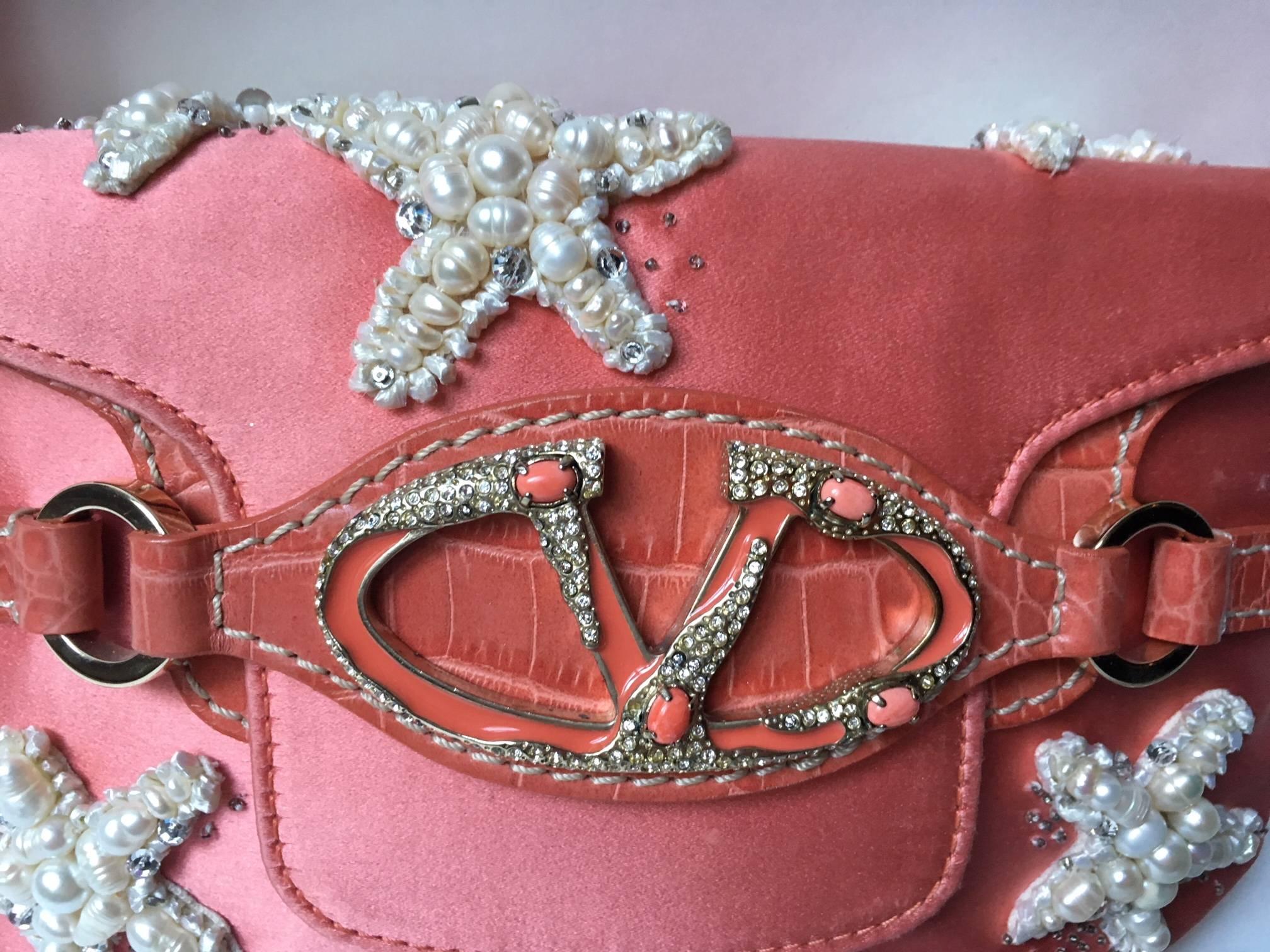 Very Rare and preciously  Embroidered  Pink A. leather  and Pink Silk evening Hand Bag .
