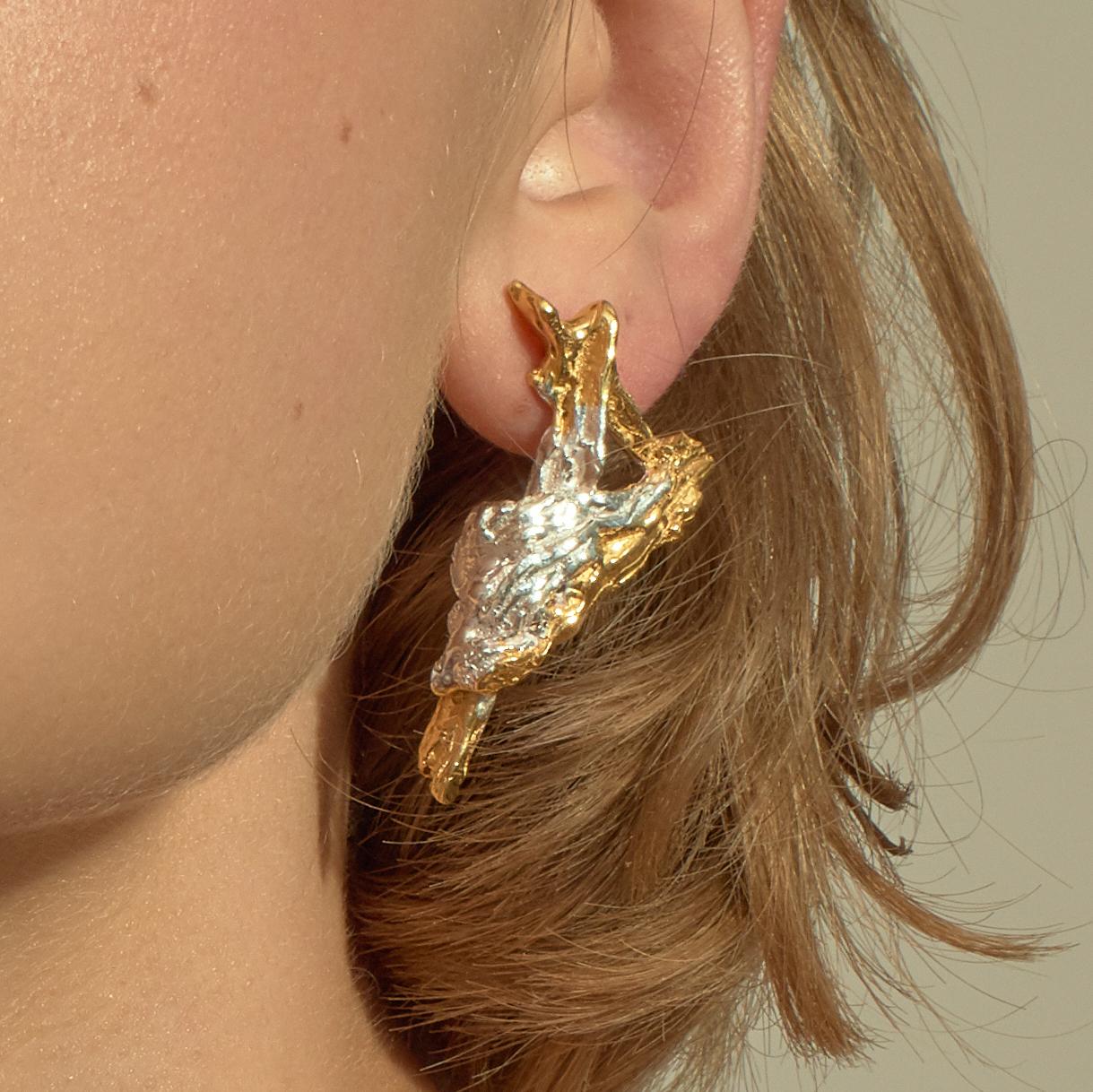 Contemporary Loveness Lee - Afon - Gold and Silver Dangle Drop Textured Earrings For Sale