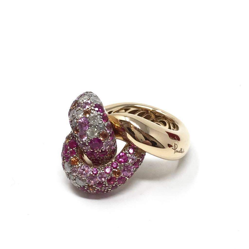 POMELLATO Tango RING Rose gold with icy diamonds, pink and orange sapphires.  In Excellent Condition In Milan, IT