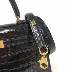 Hermes Sac Kelly 25 Black Shiny Alligator Crocodile Leather Vintage Bag , 1999