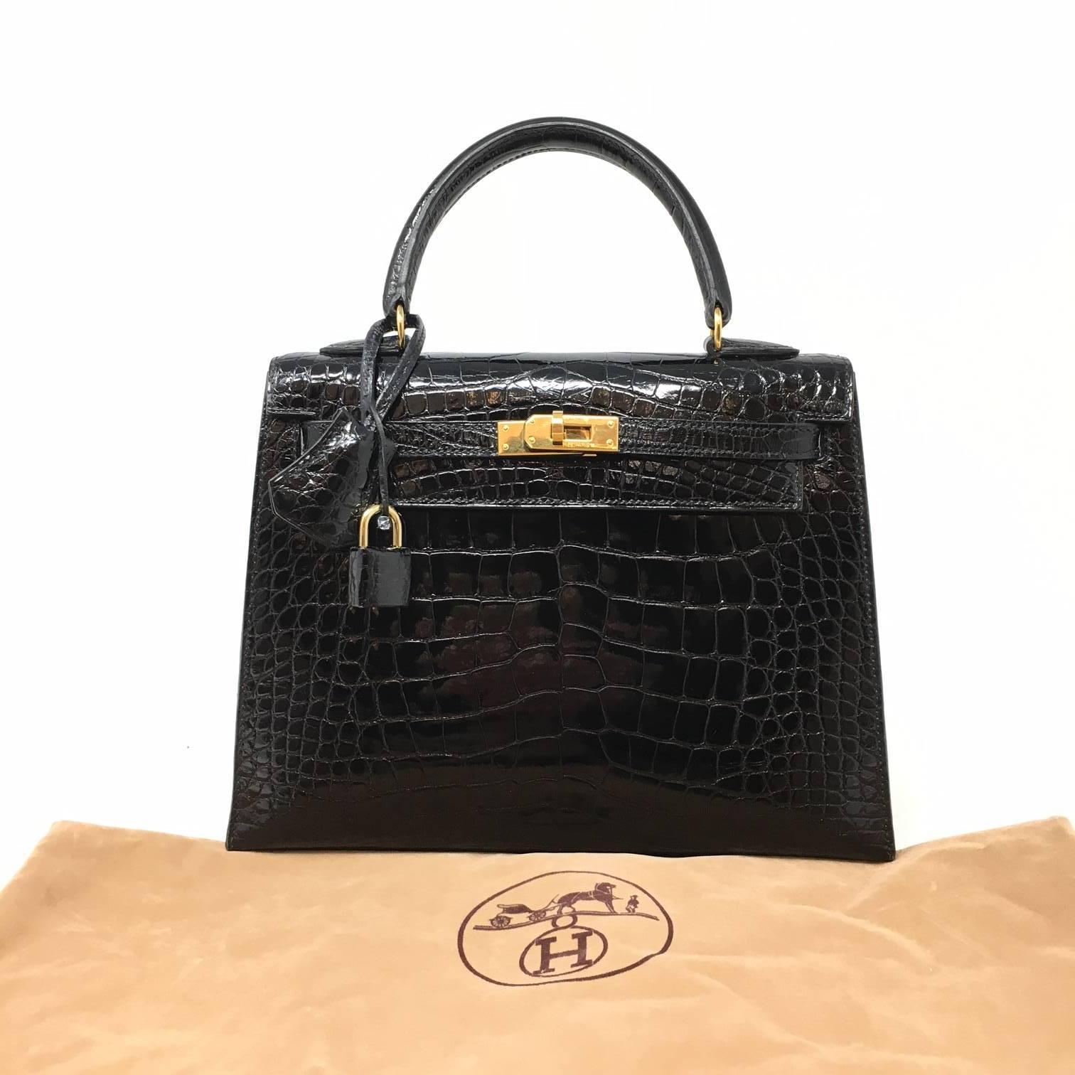 Hermes Sac Kelly 25 Black Shiny Alligator Crocodile Leather Vintage Bag , 1999 In Good Condition In Milan, IT