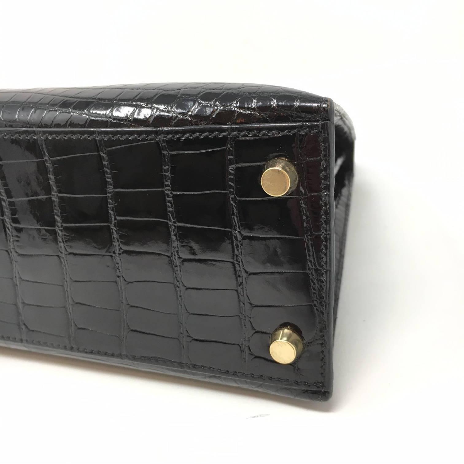 Hermes Sac Kelly 25 Black Shiny Alligator Crocodile Leather Vintage Bag , 1999 7