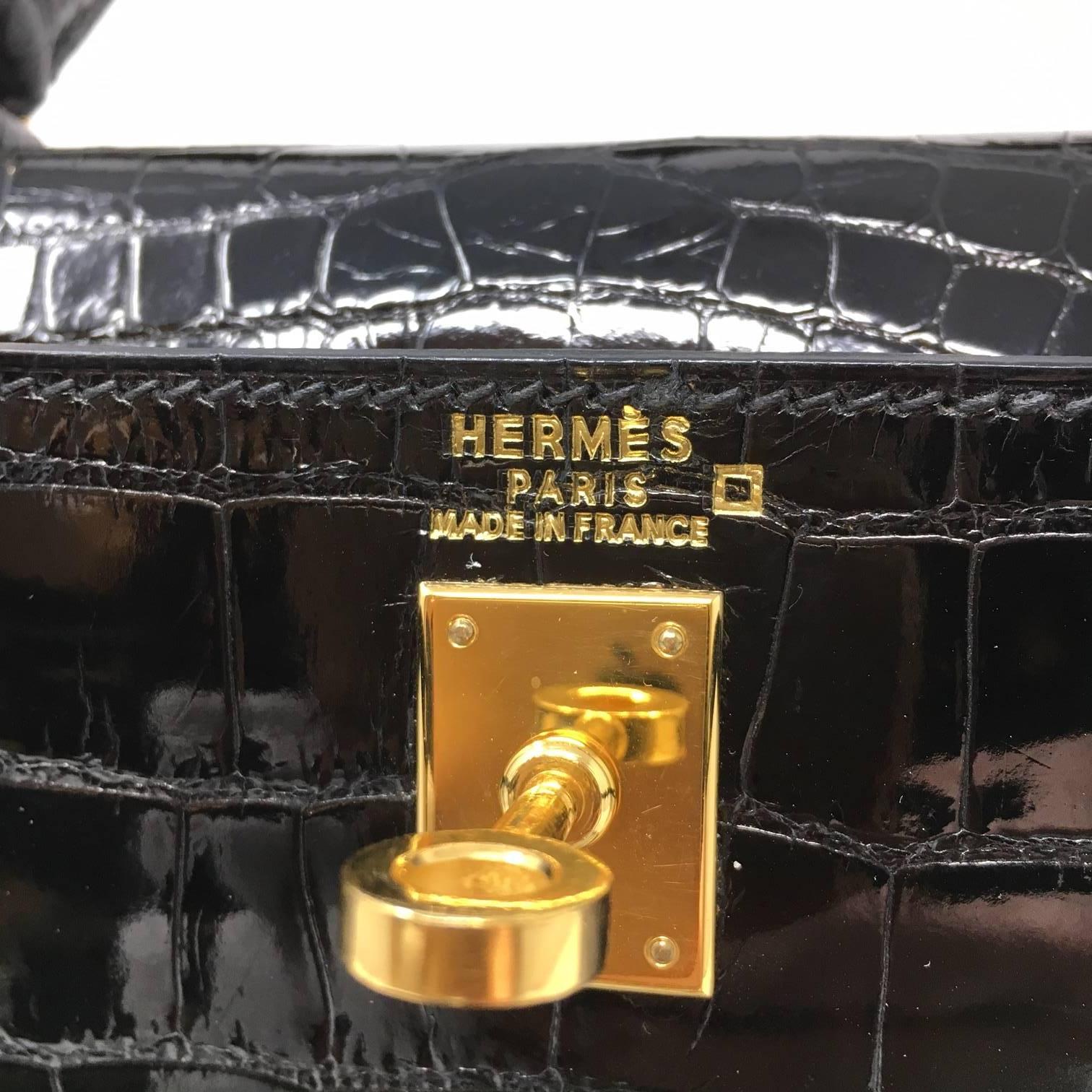 Hermes Sac Kelly 25 Black Shiny Alligator Crocodile Leather Vintage Bag , 1999 14