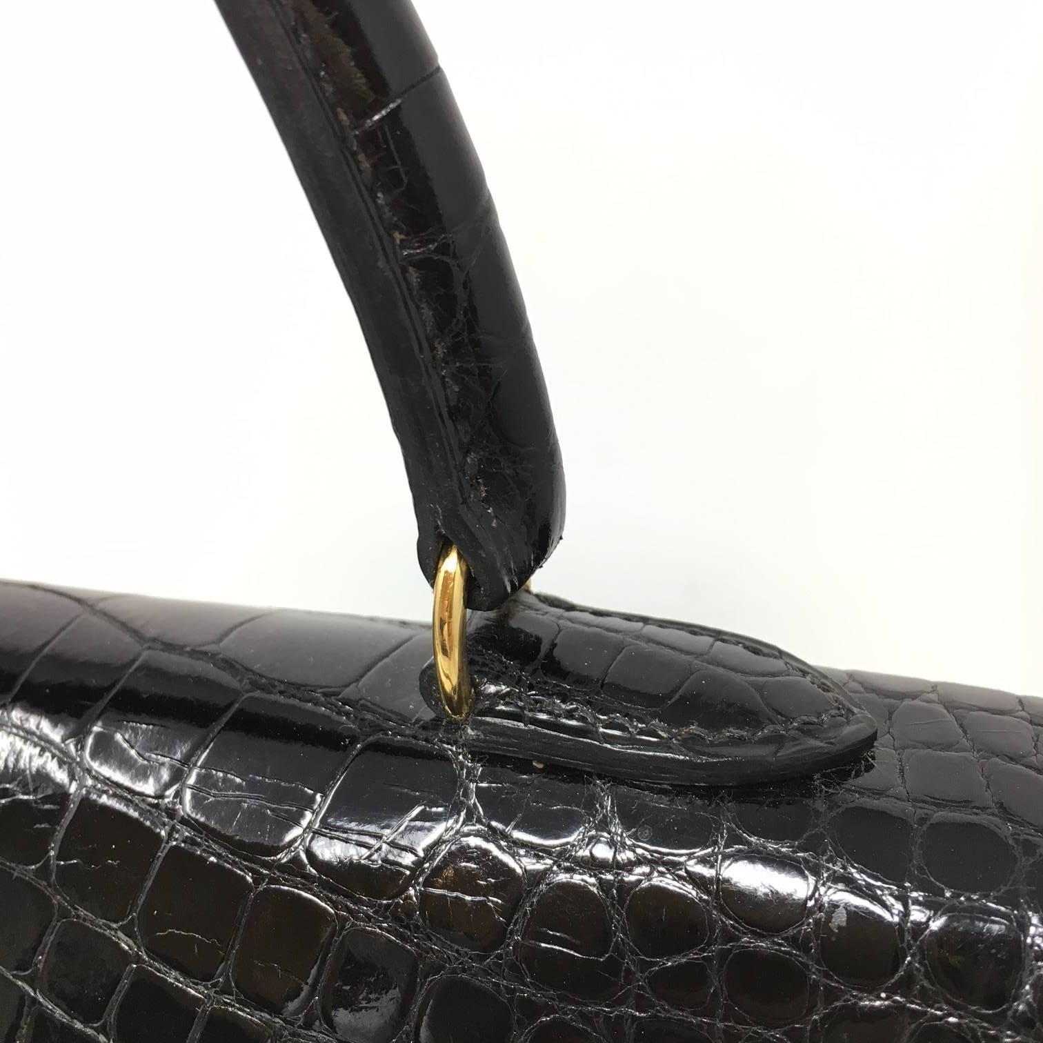 Hermes Sac Kelly 25 Black Shiny Alligator Crocodile Leather Vintage Bag , 1999 13