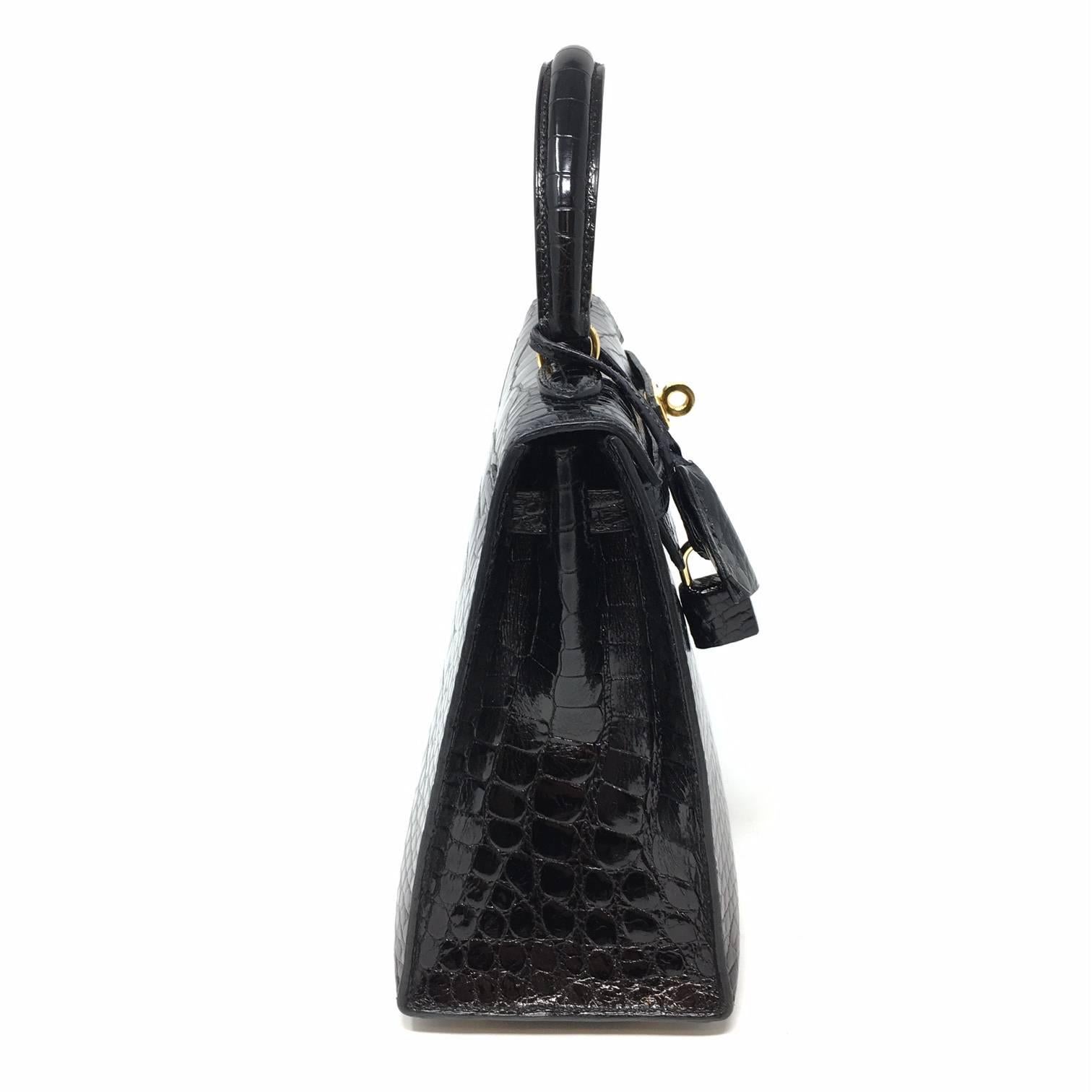 Hermes Sac Kelly 25 Black Shiny Alligator Crocodile Leather Vintage Bag , 1999 2