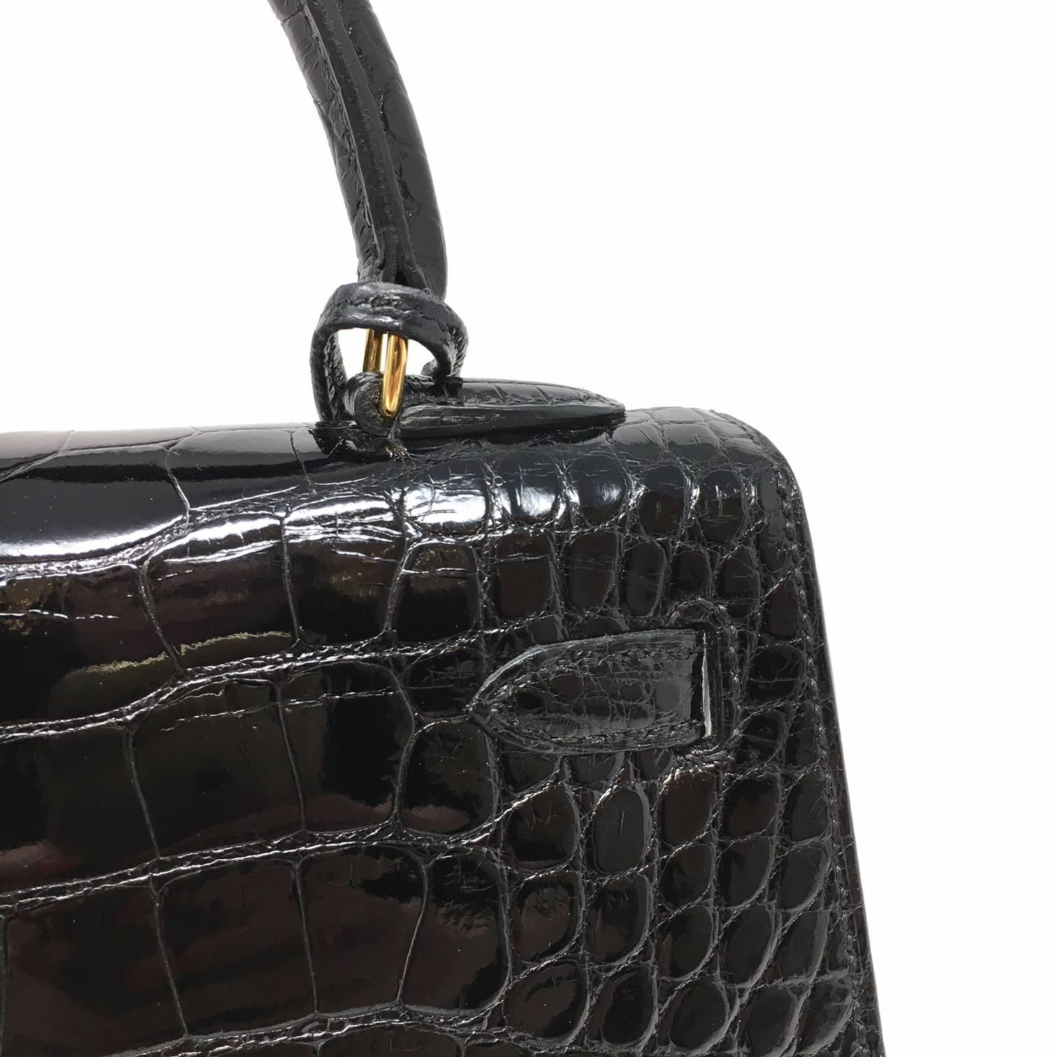 Hermes Sac Kelly 25 Black Shiny Alligator Crocodile Leather Vintage Bag , 1999 3