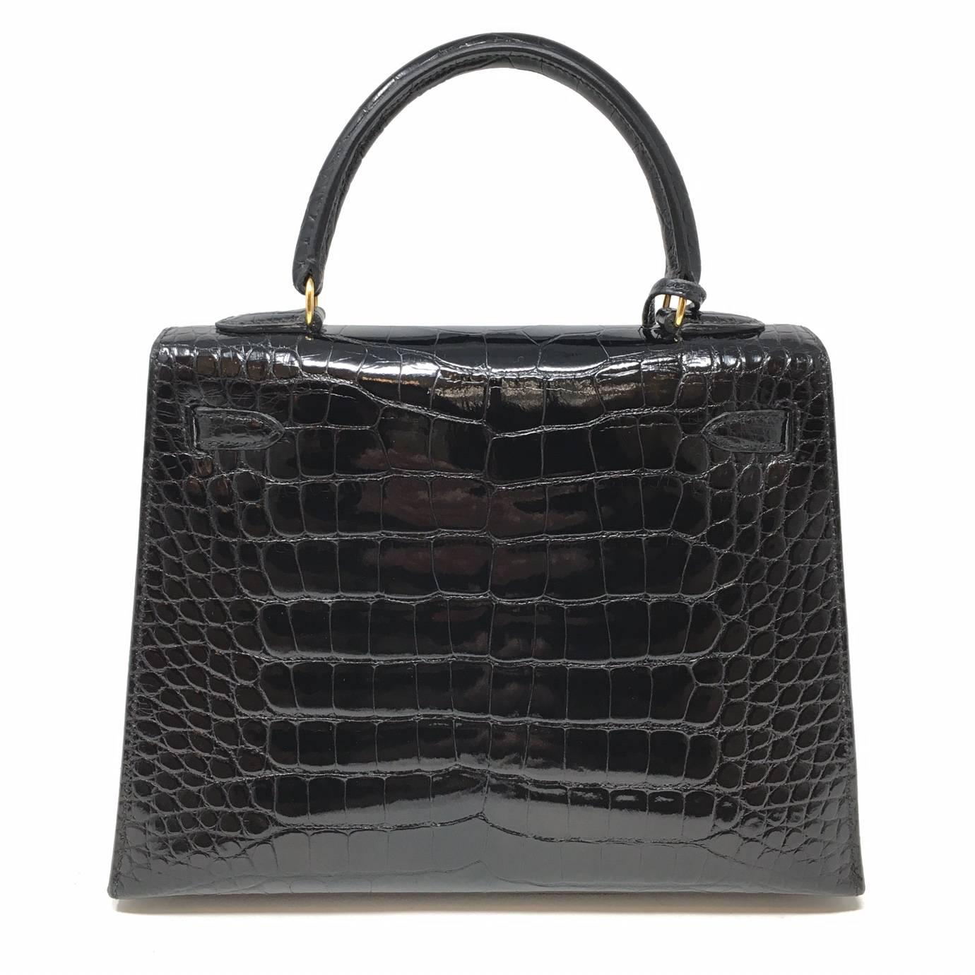 Hermes Sac Kelly 25 Black Shiny Alligator Crocodile Leather Vintage Bag , 1999 4
