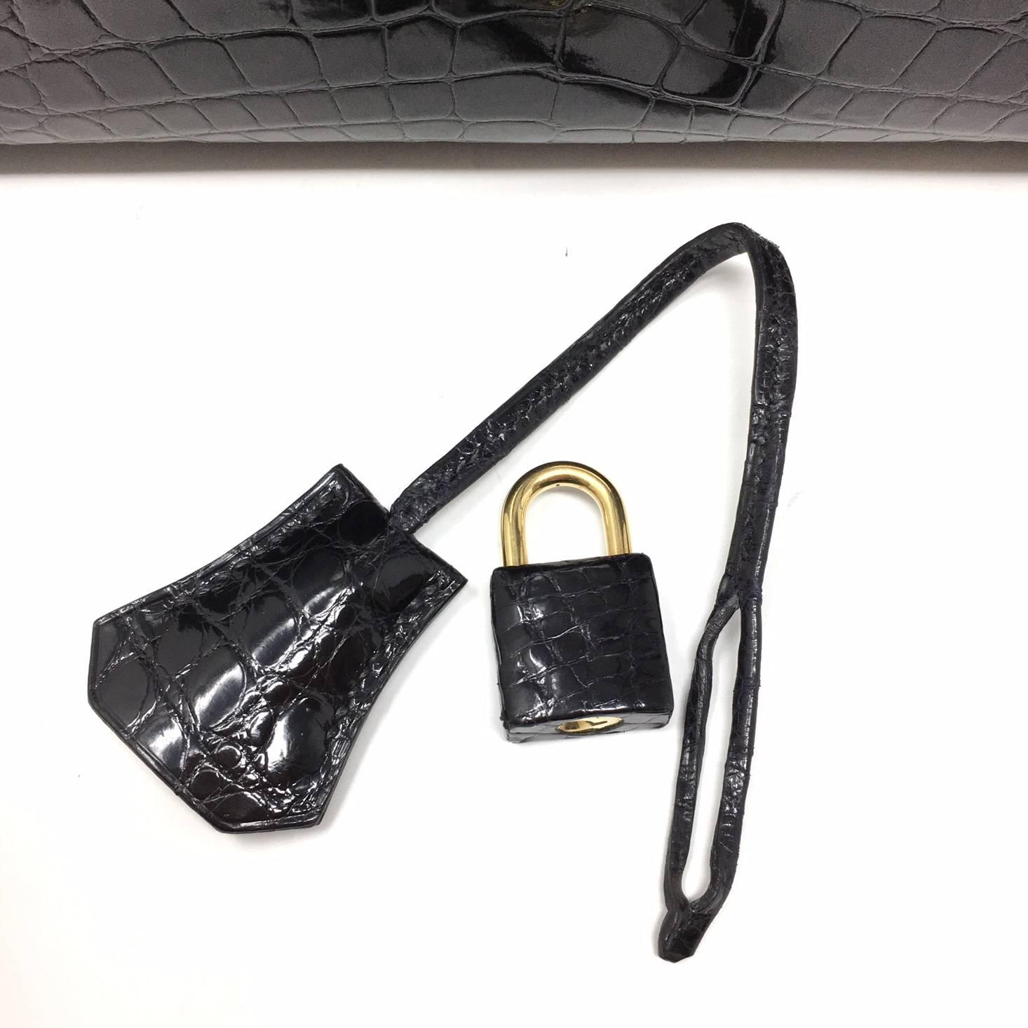 Hermes Sac Kelly 25 Black Shiny Alligator Crocodile Leather Vintage Bag , 1999 10